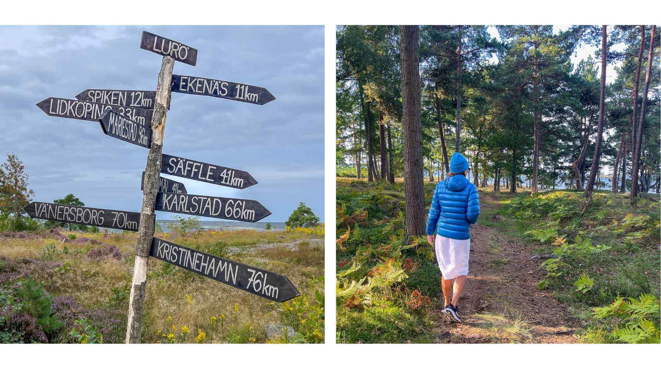 Skogsstier, håndlaget skilt, dame på sti Lurö. 