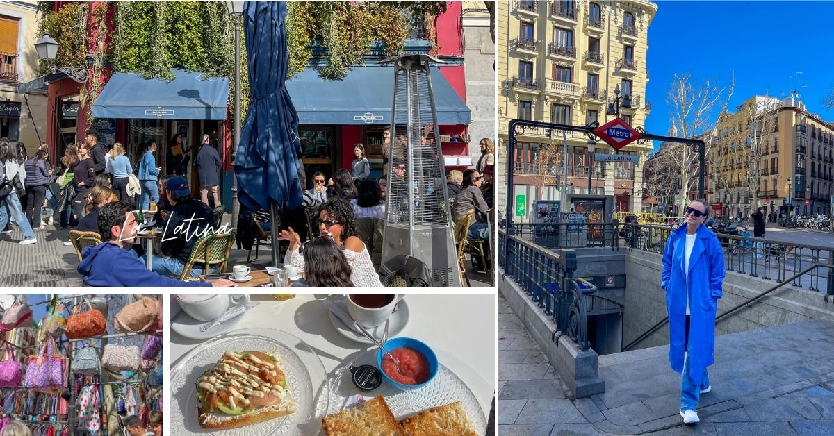 La Latina, uterestaurant og dame i blå trench ved metro.