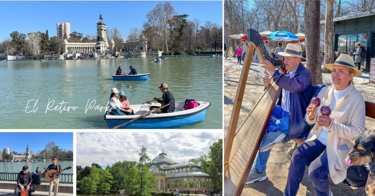 Retiro Park Madrid båt, musikk og vinterhage.