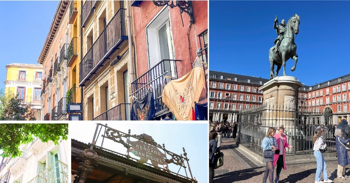 Plaza Major, dame rosa jakke, rosa hus og matmarkedet San Miguel.