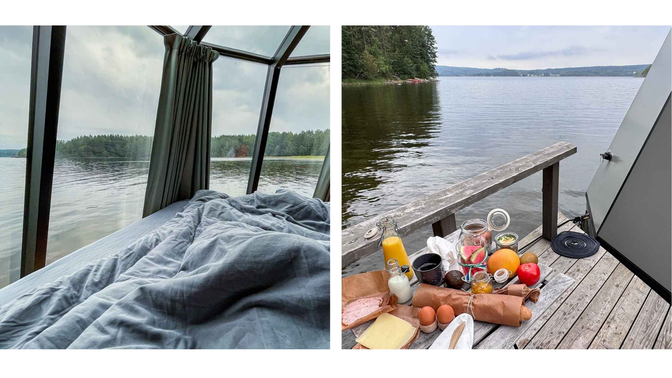 Glamping med dobbeltseng i Aurora Hut med panoramautsikt og frokost med stort utvalg av pålegg, egg, juice, kaffe og frukt.