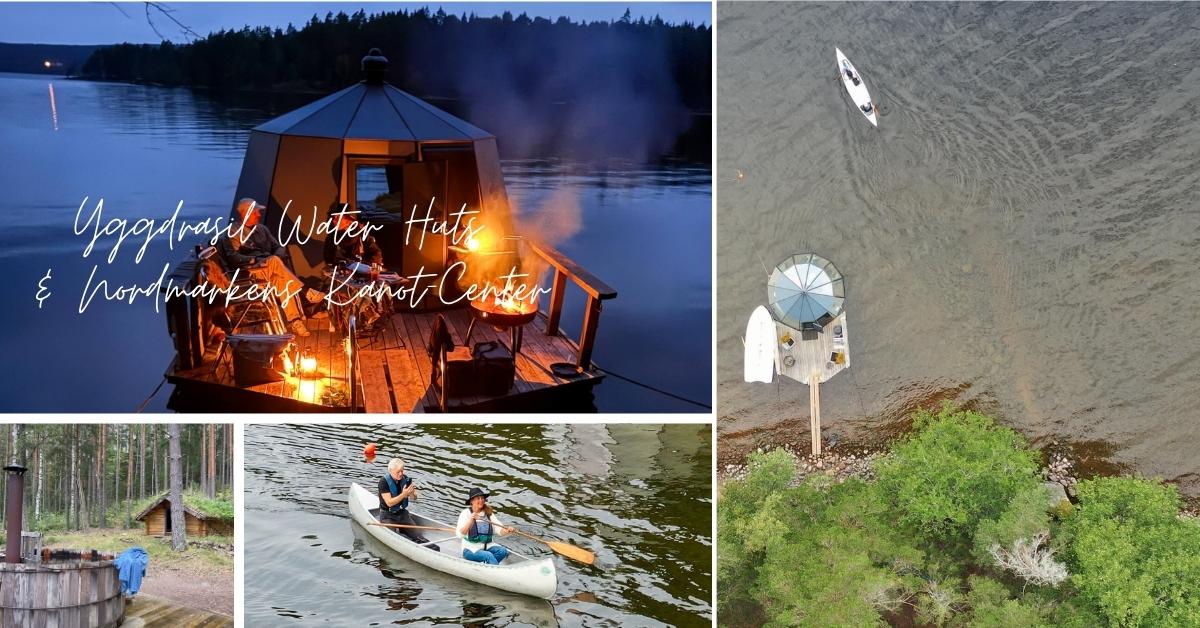 Glamping i Yggdrasil Iglo Water Huts. Det er kveldsteming med levende lys og fyr på bålet. Dronebilde viser hytten i dagslys og mann og dame som padler en kano.
