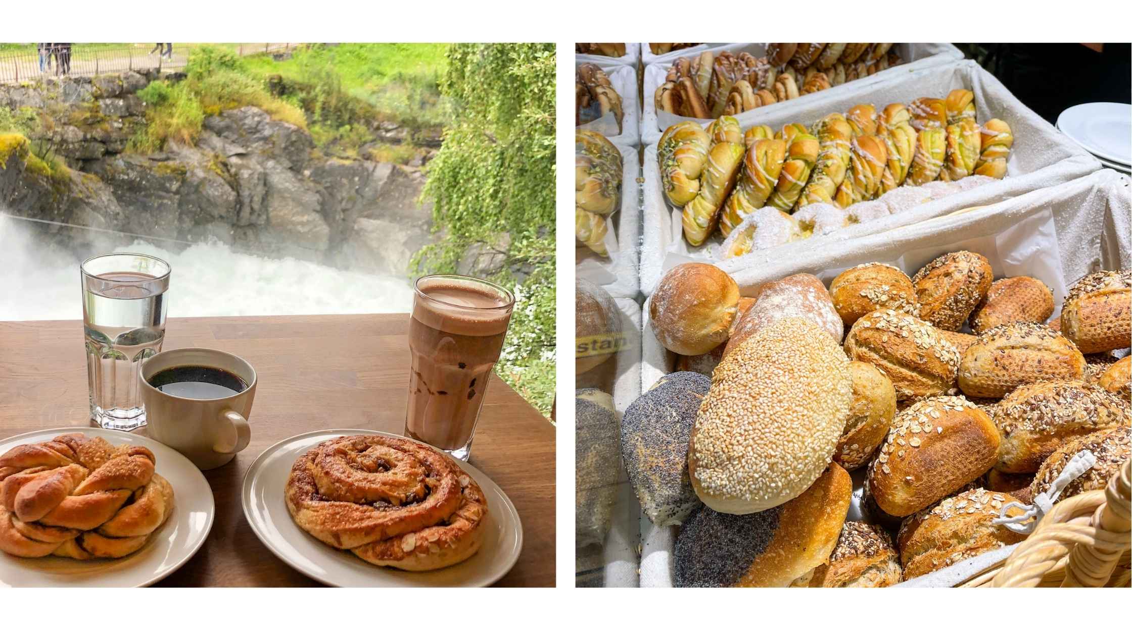 Kanelsnurr og kaffe med utsikt til fossen på Norges mest populære bakeri i Lom.