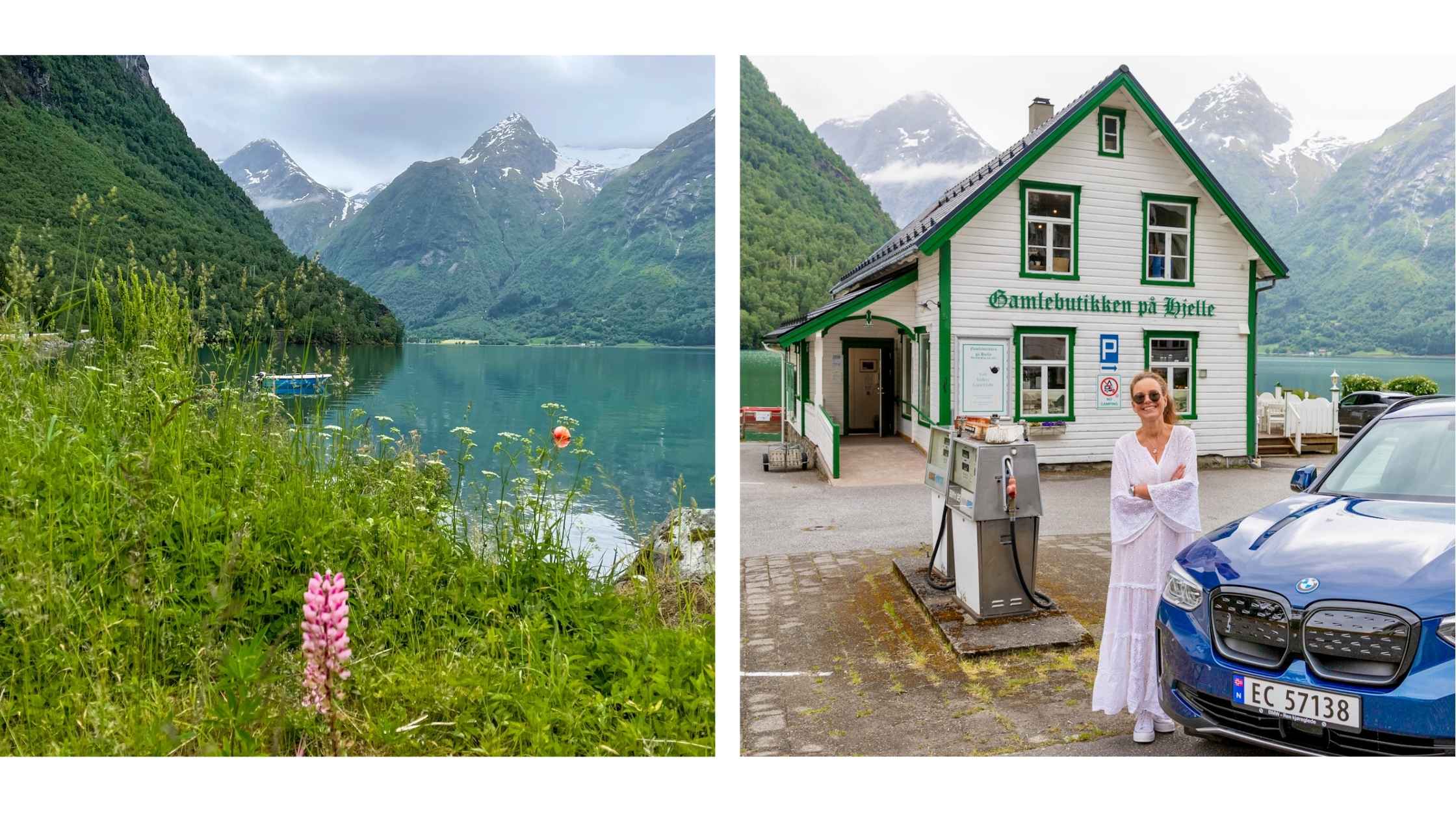 Utsikt til fjord og fjell ved Gamelbutikken i Hjelle.