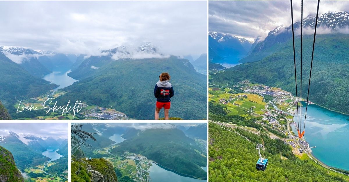 Loen Skylift gondol og utsikt fra toppen.