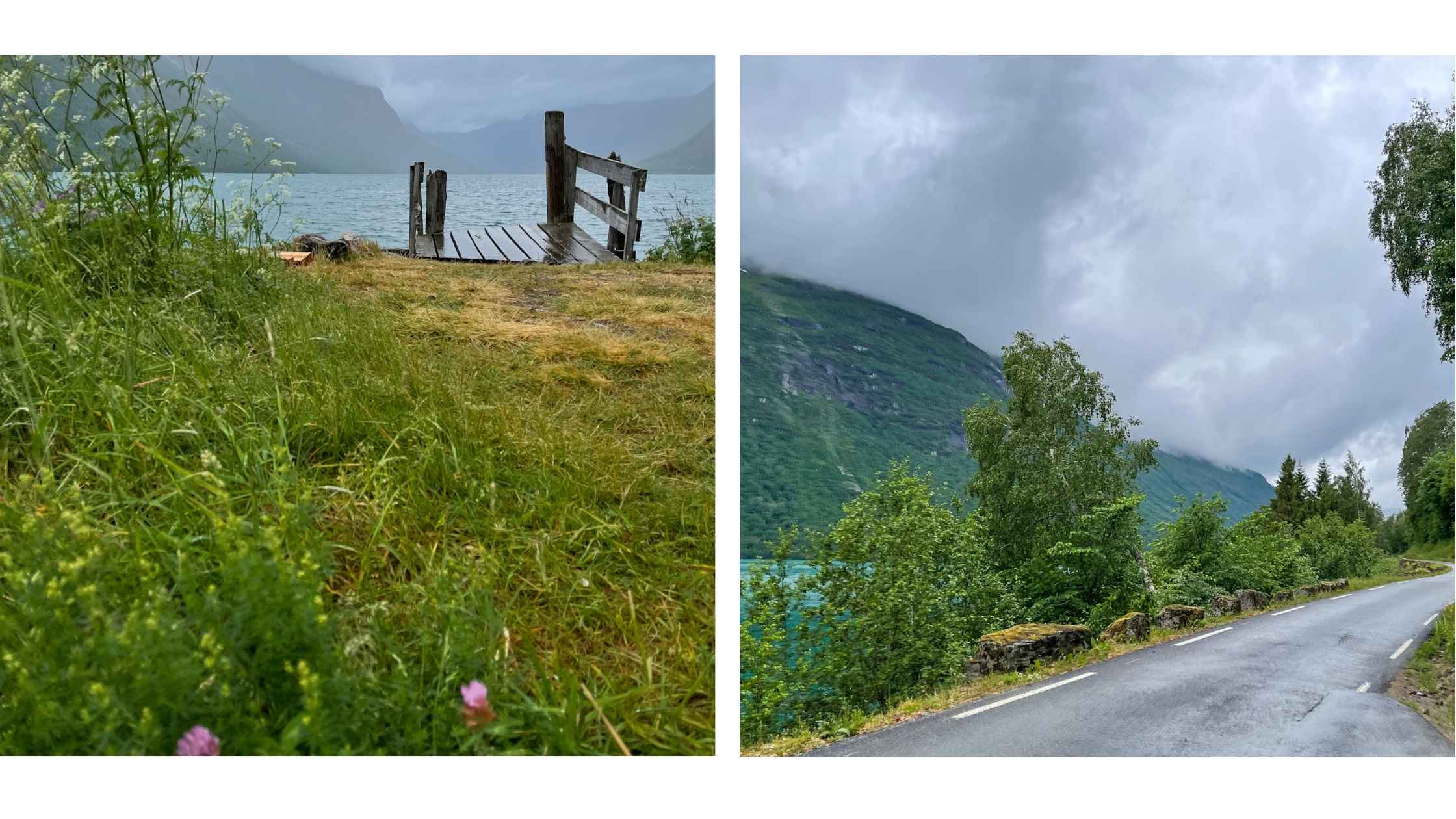 Bilvei langs Lovatnet i tåke og regn en sommerdag.