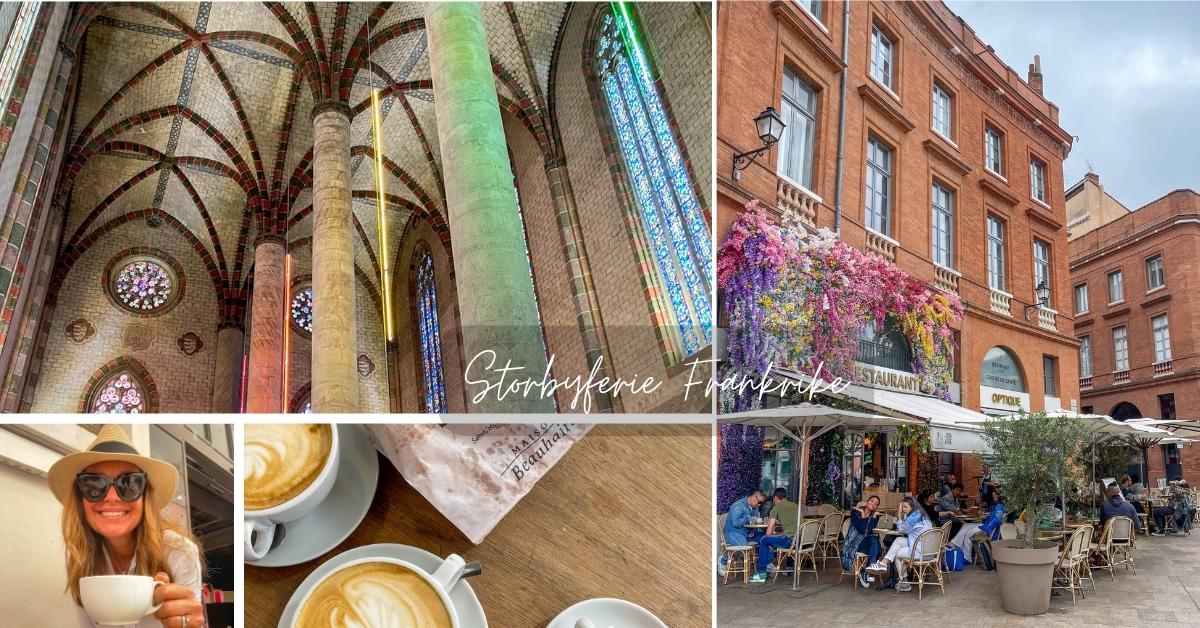 Toulouse, en god kopp kaffe, en sjarmerende kafé med blomster utenfor og en kirke som har fargerike lys.