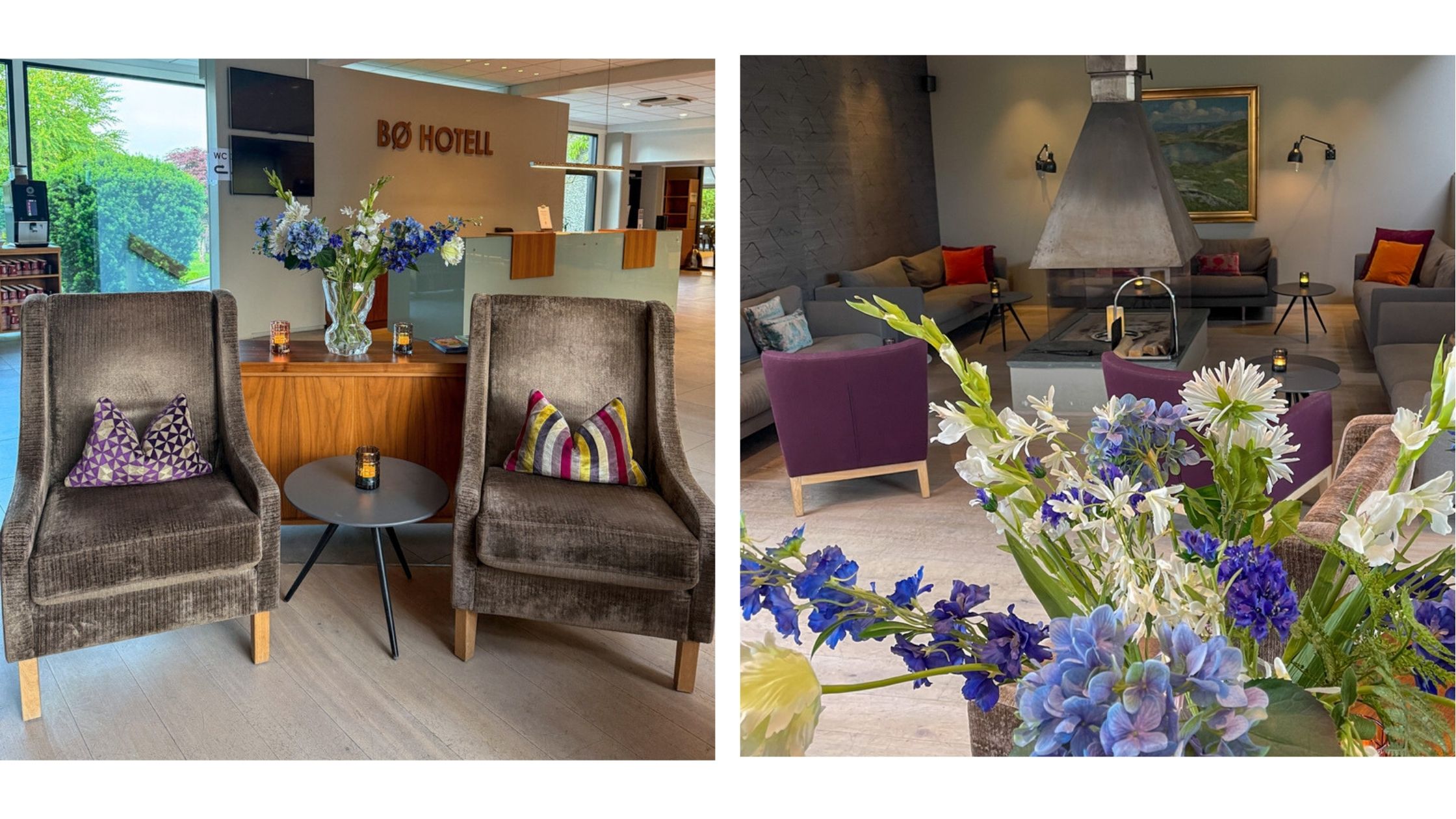 Hyggelig peisestue på hotellet.