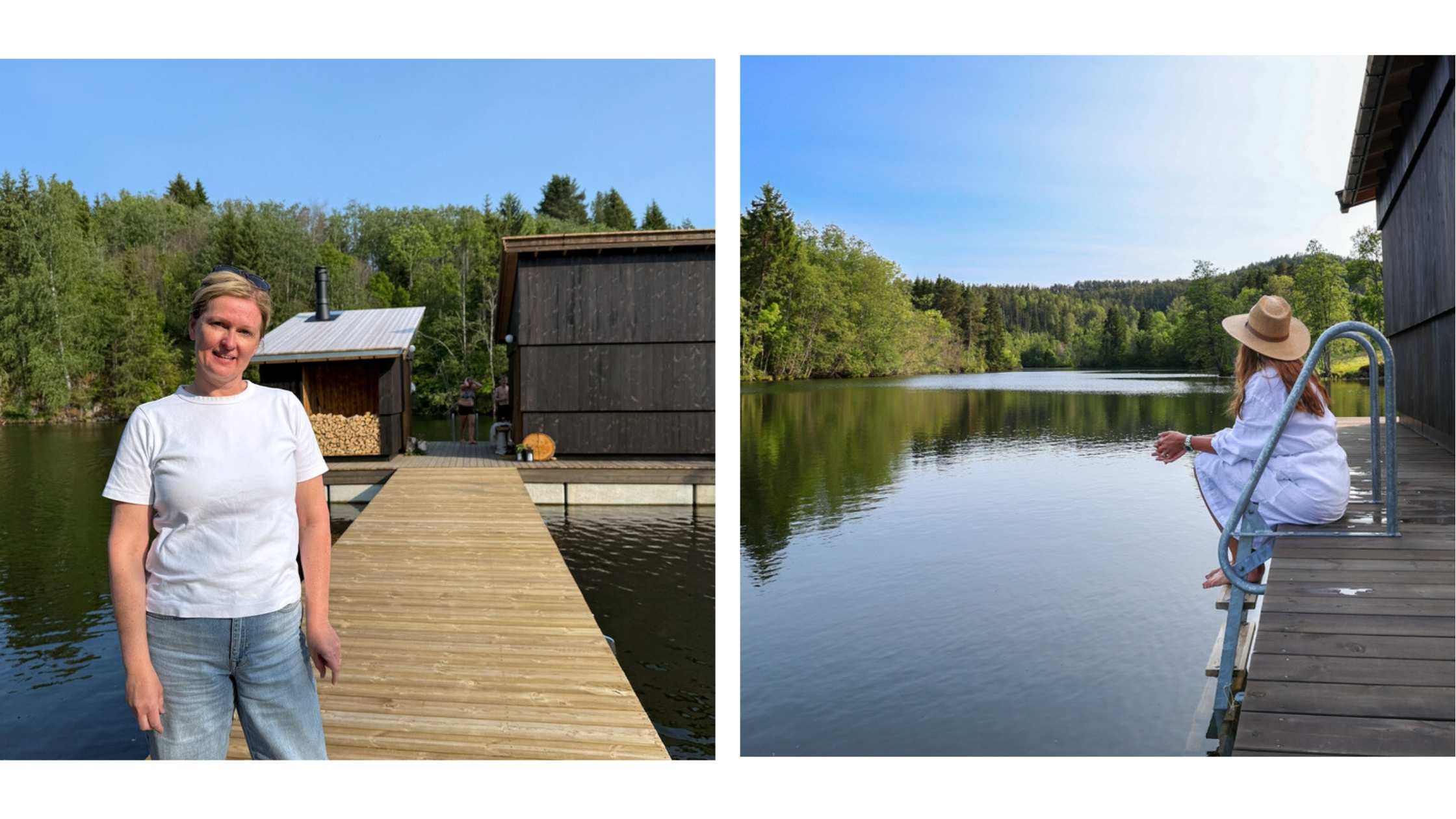 Eier av Skogens Rom Sauna Tone og gjest som nyter utsikten over Telemarkskanalen.