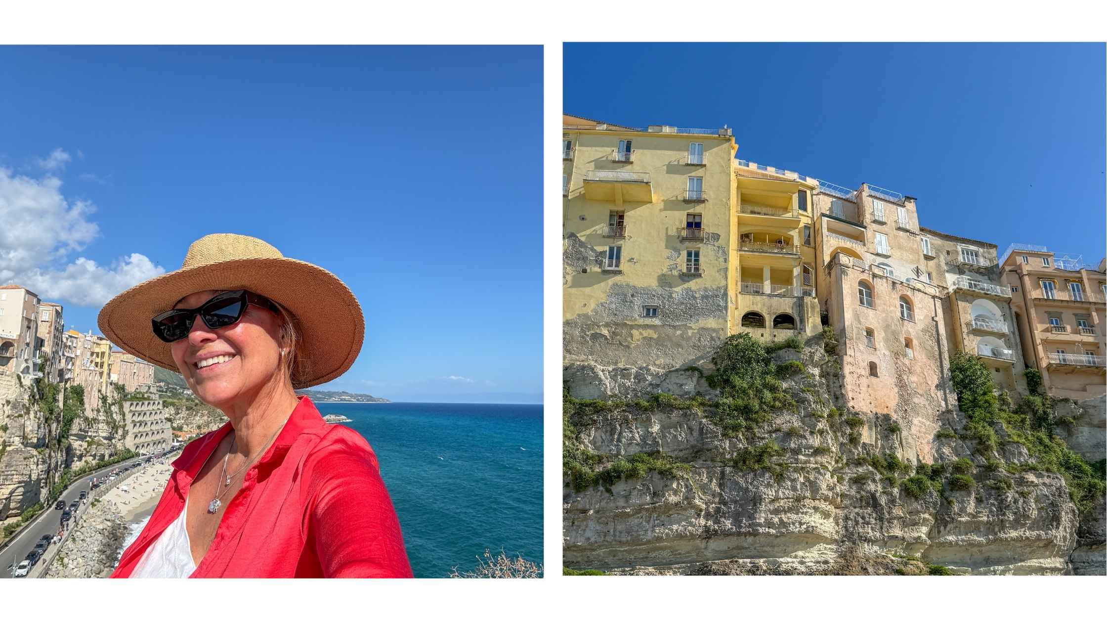 Fornøyd dame med hatt og gamlebyen i Tropea med gamle hus på klippevegg sett fra stranden.