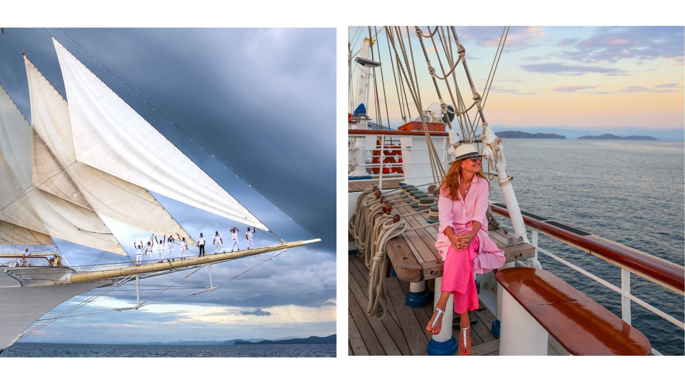 Dame på dekk kledd i rosa og Star Clipper seilskip.