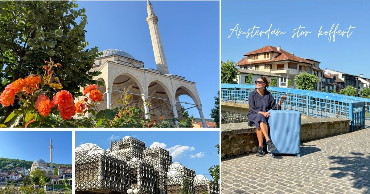 Blå stor koffert ved blå bro i en historisk by i Kosovo. 