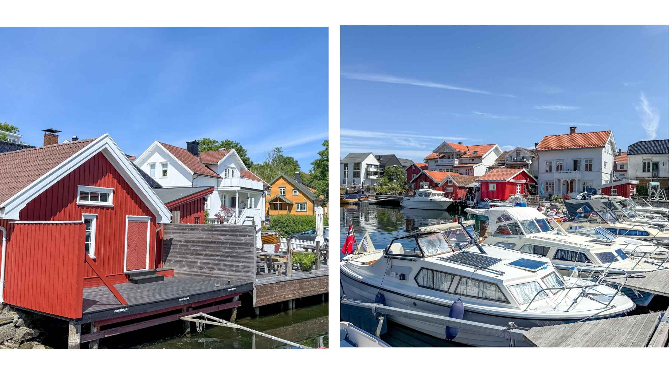 Langesund båthavn, med sjøhus og bater som ligger til kai.