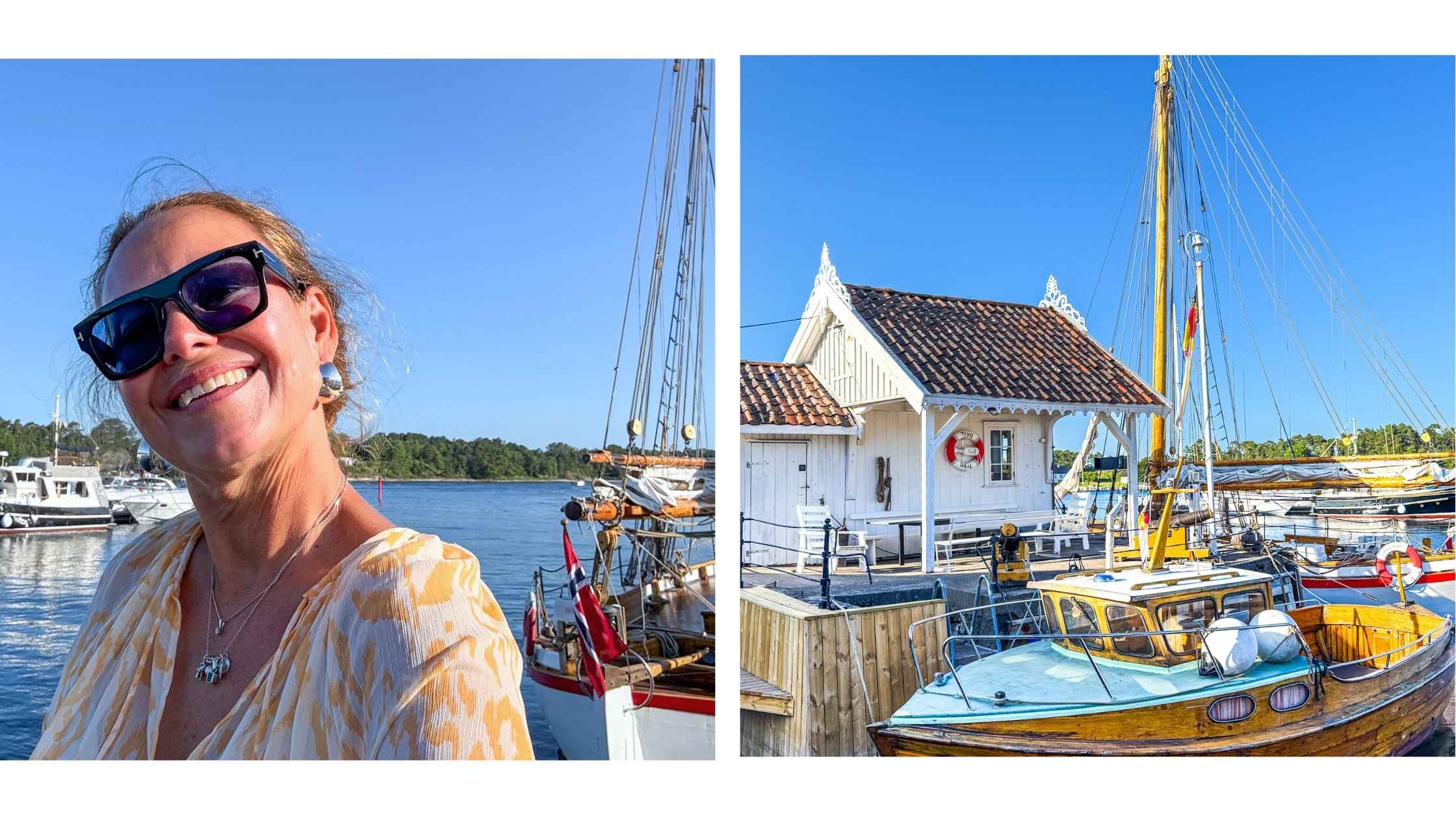 Blid dame i sommerkjole i havna i Langesund med båter i bakgrunnen.