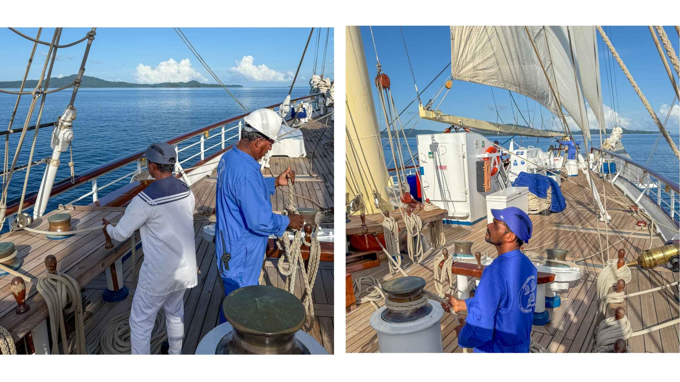 Mannskap ombord på seilcruise med tau og segl.
