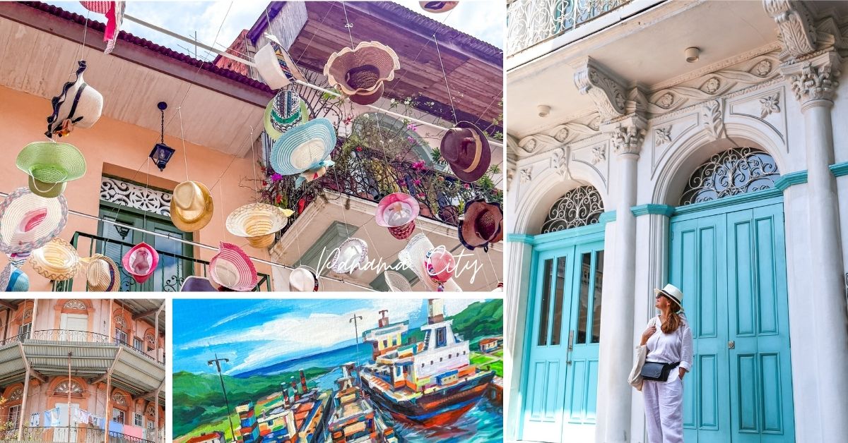 Turist i Panama Casco Viejo fargerike hatter, dører og Panama Kanalen.