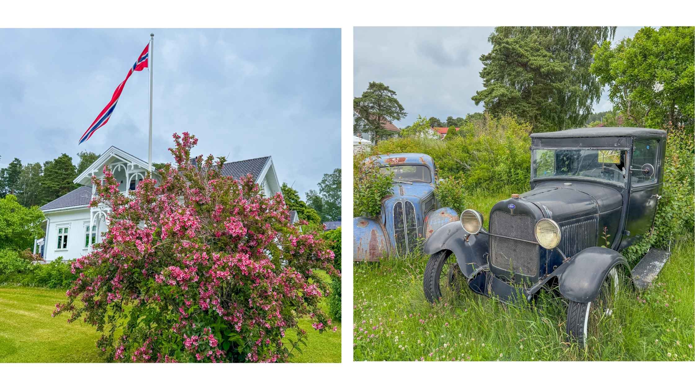 Koselig hvitt trehus med hage og blomster og gamle biler.