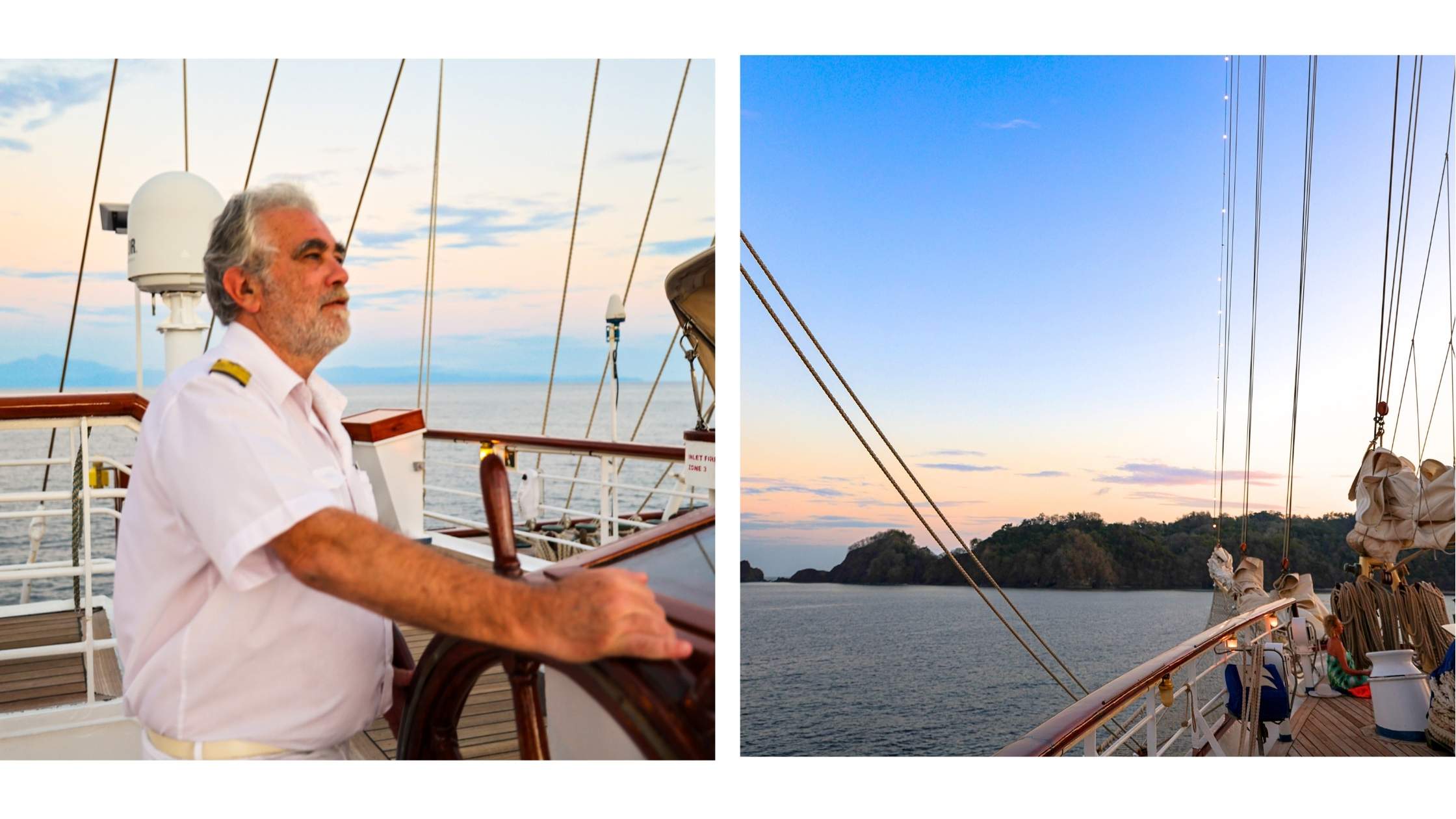 Kapteinen ved roret på seilskuten Star Clipper i solnedgang