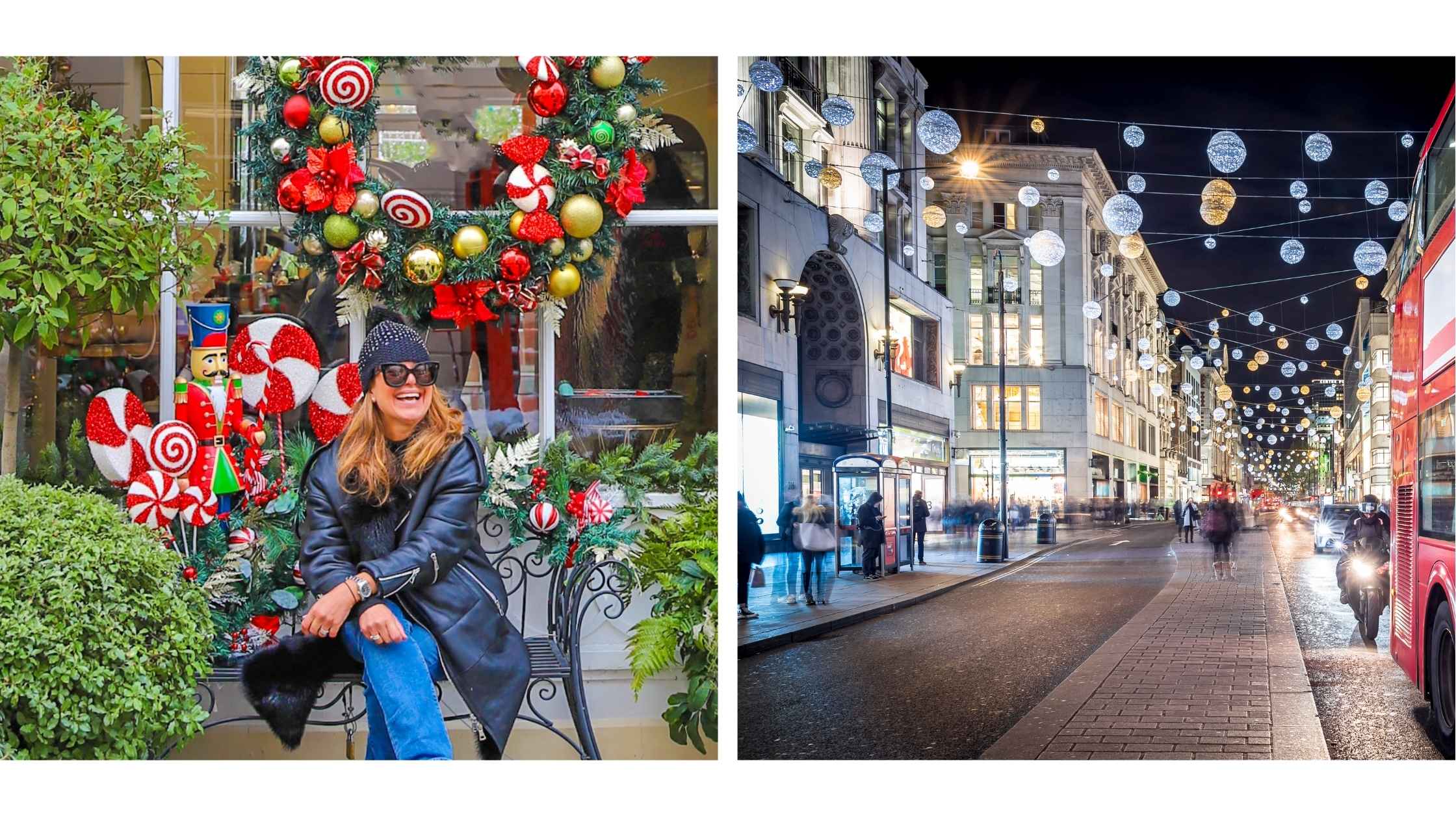 Jul i London – fargerike juledekorasjoner i byens gater. Til venstre sitter Merete Moen foran en julepyntet fasade med kranser og nøtteknekkere, til høyre skimtes julelysene over Oxford Street og en rød London-buss i kveldsgatene.