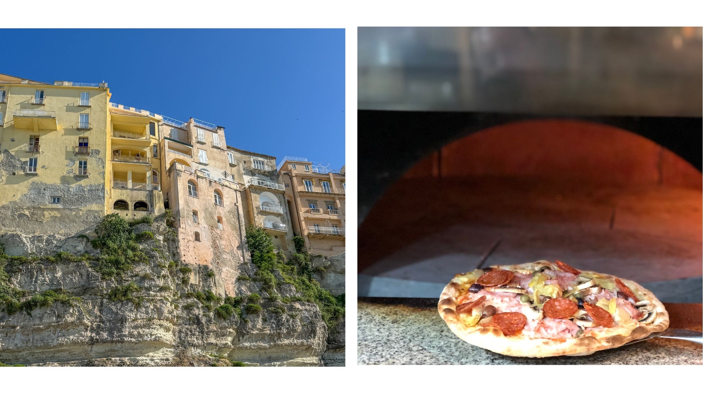 Pizza servert i Calabria i Tropea hvor husene henger utover fjellet