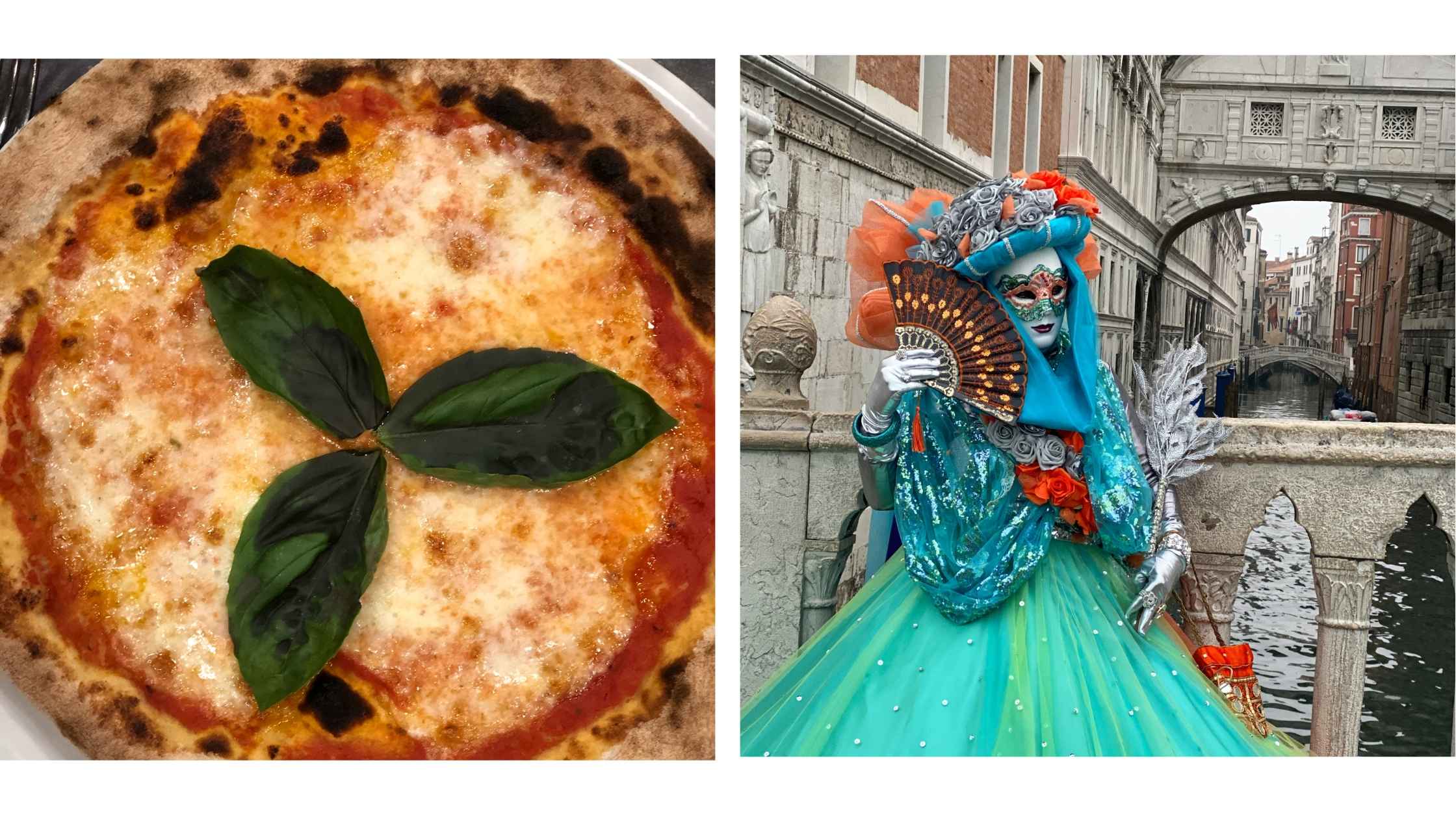 Pizza Margharita på karnevalet i Venezia. Dame med kostyme ved Sukkenes Bro.