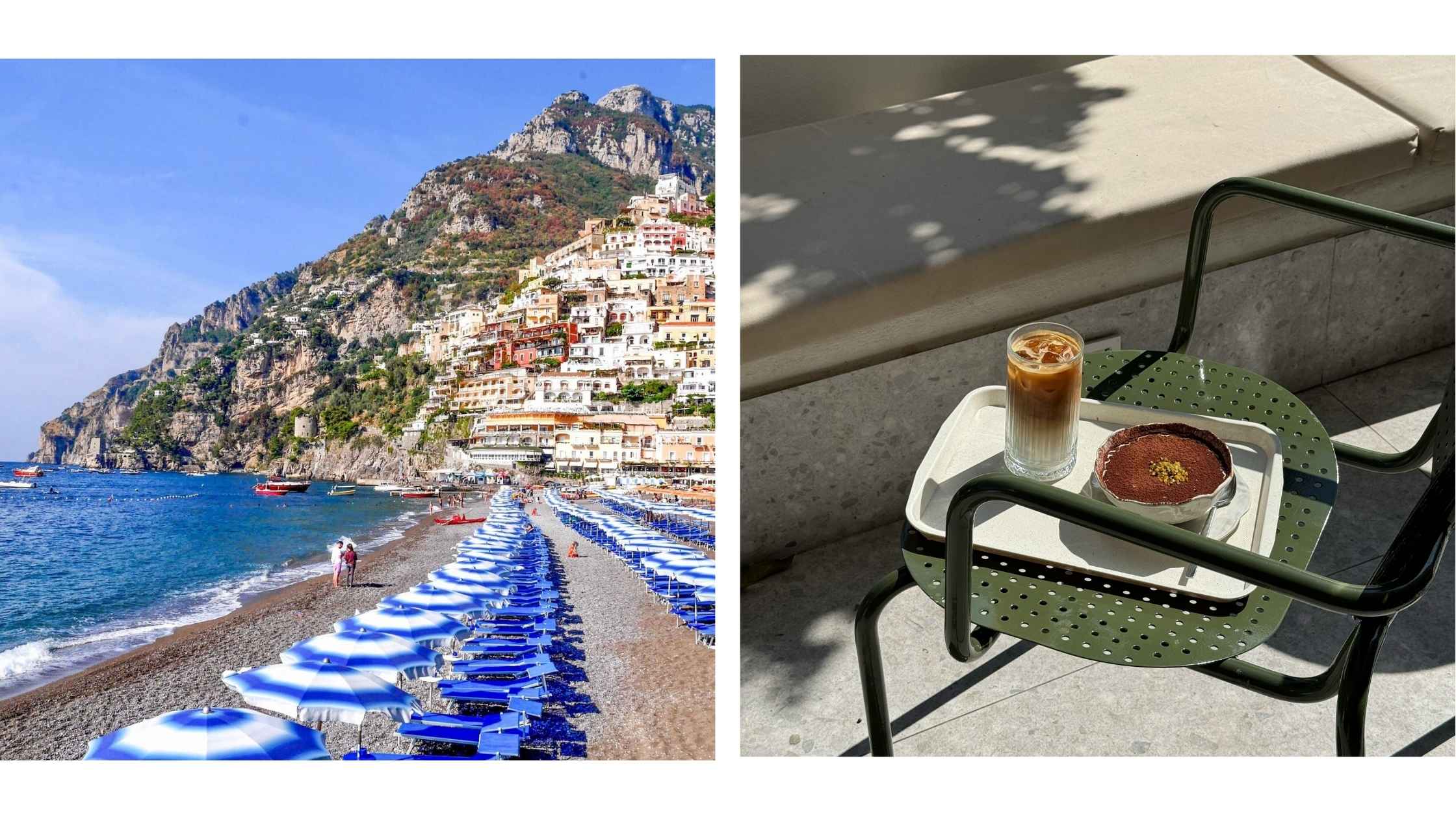 Dessert og iskaffe på en stol i Positano Italia. 
