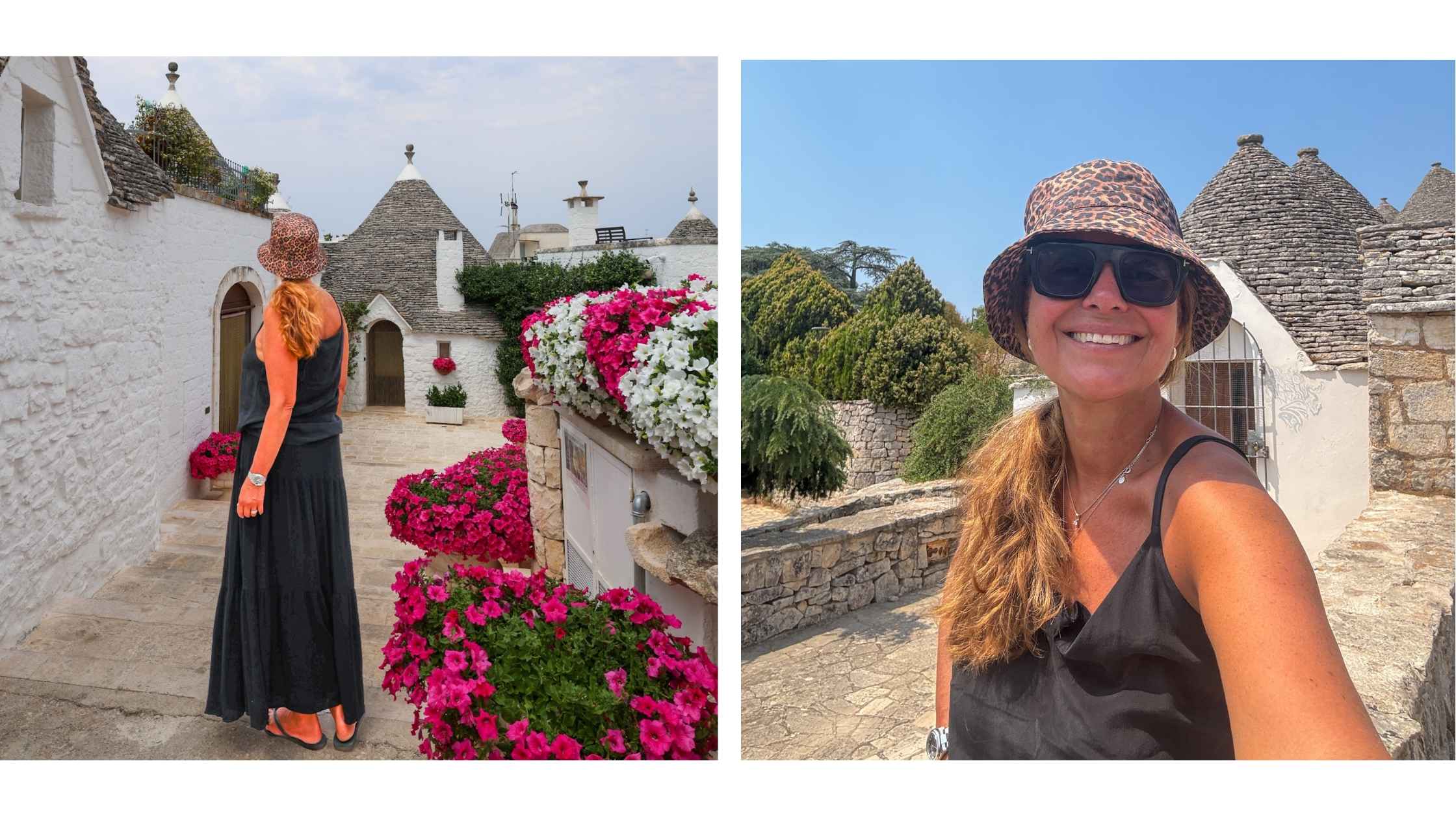 Rosa blomster, bøttehatter og smilende reiseblogger i Alberobello.