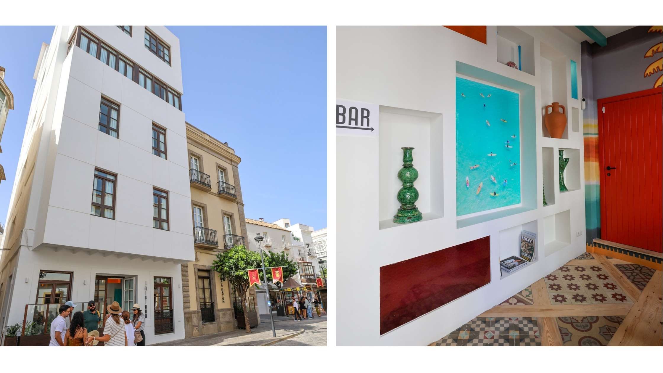 Boutiquehotell midt i gamlebyen i Tarifa. Moderne fasade og resepsjon. 