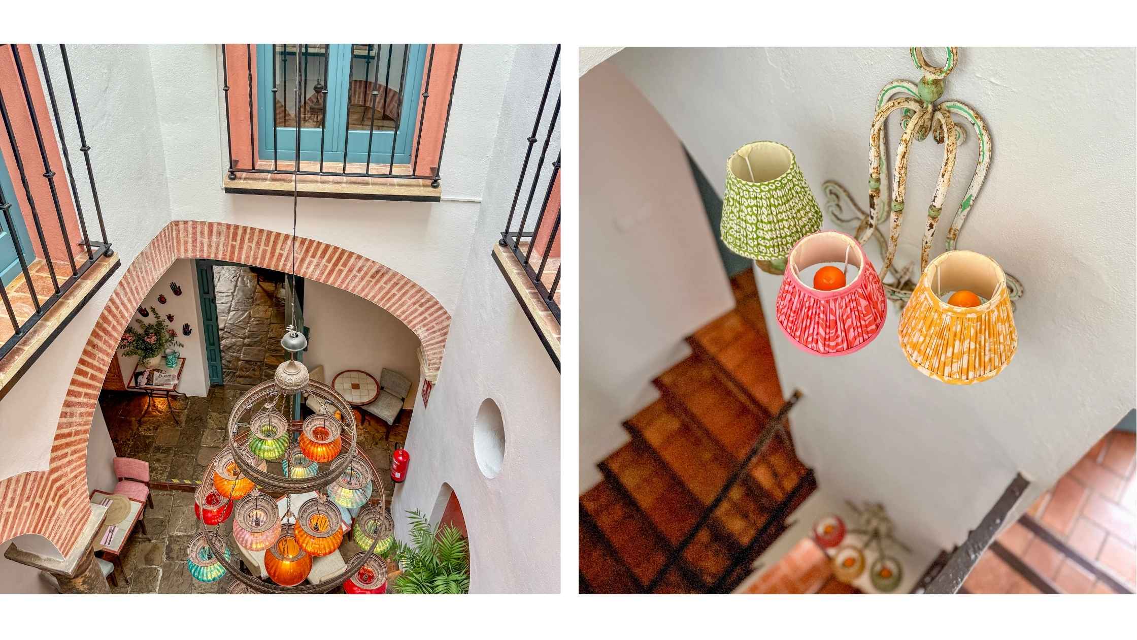 Arabisk inspirert lysekrone med fargede kupler i atrium i hotellet hjerte. 