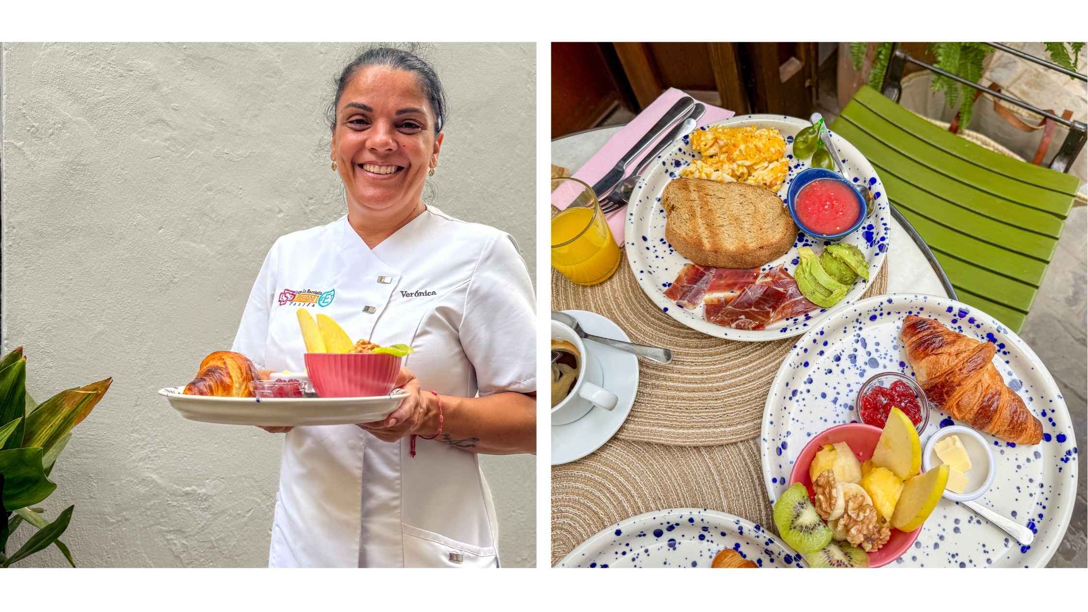 Smilende dame serverer frokost på boutiquehotell La Sacristia i Tarifa. 