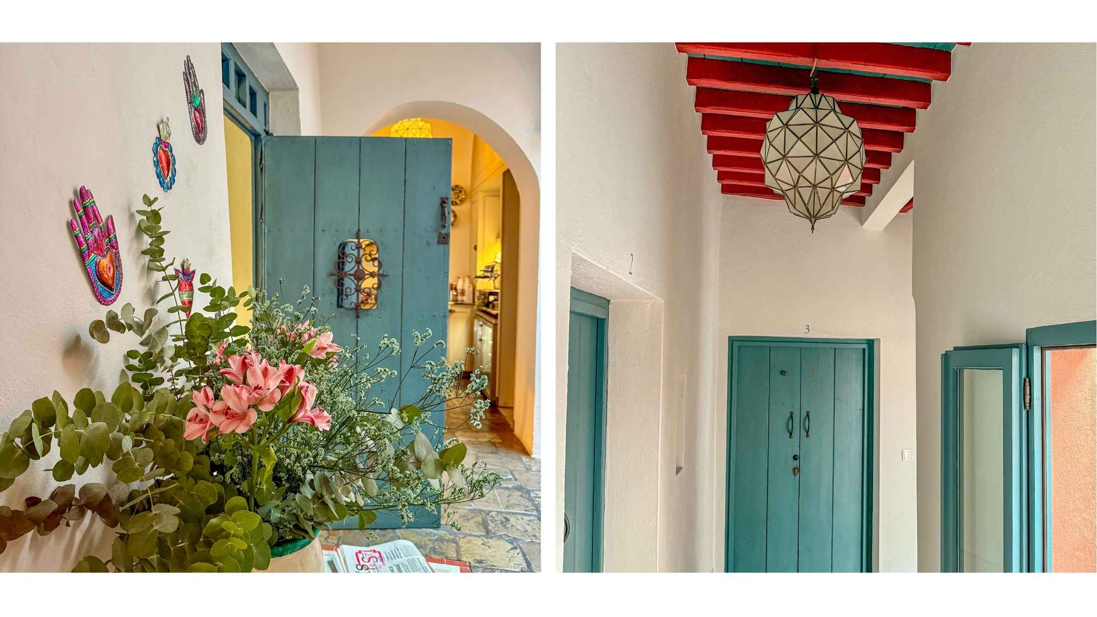 Turkise dører, blomster og lysekrone i en blanding av Andalucisk og spansk stil.