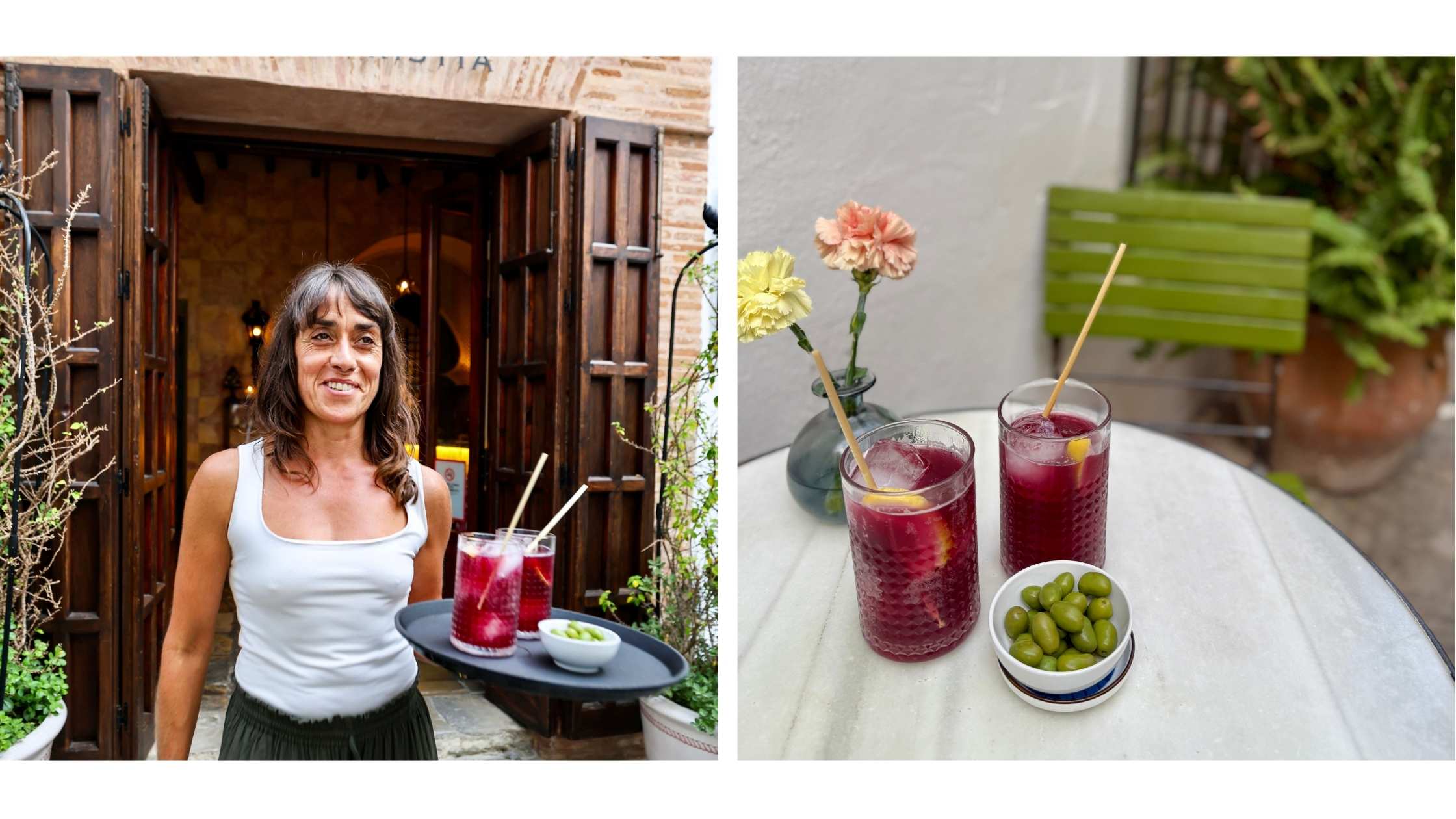 Blid kvinnelig servitør serverer tinto de verano på plattingen utenfor La Sacristia i Tarifa. Oliven og stoler matcher i fargen. 
