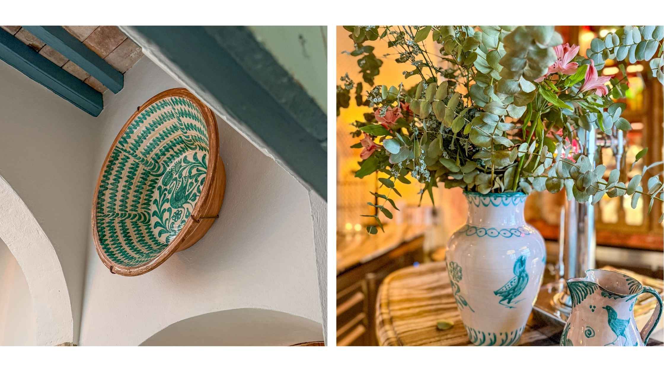 Dekordetaljer med håndmalt fat på vegg og krukker med blomster i Andalucia stil. 