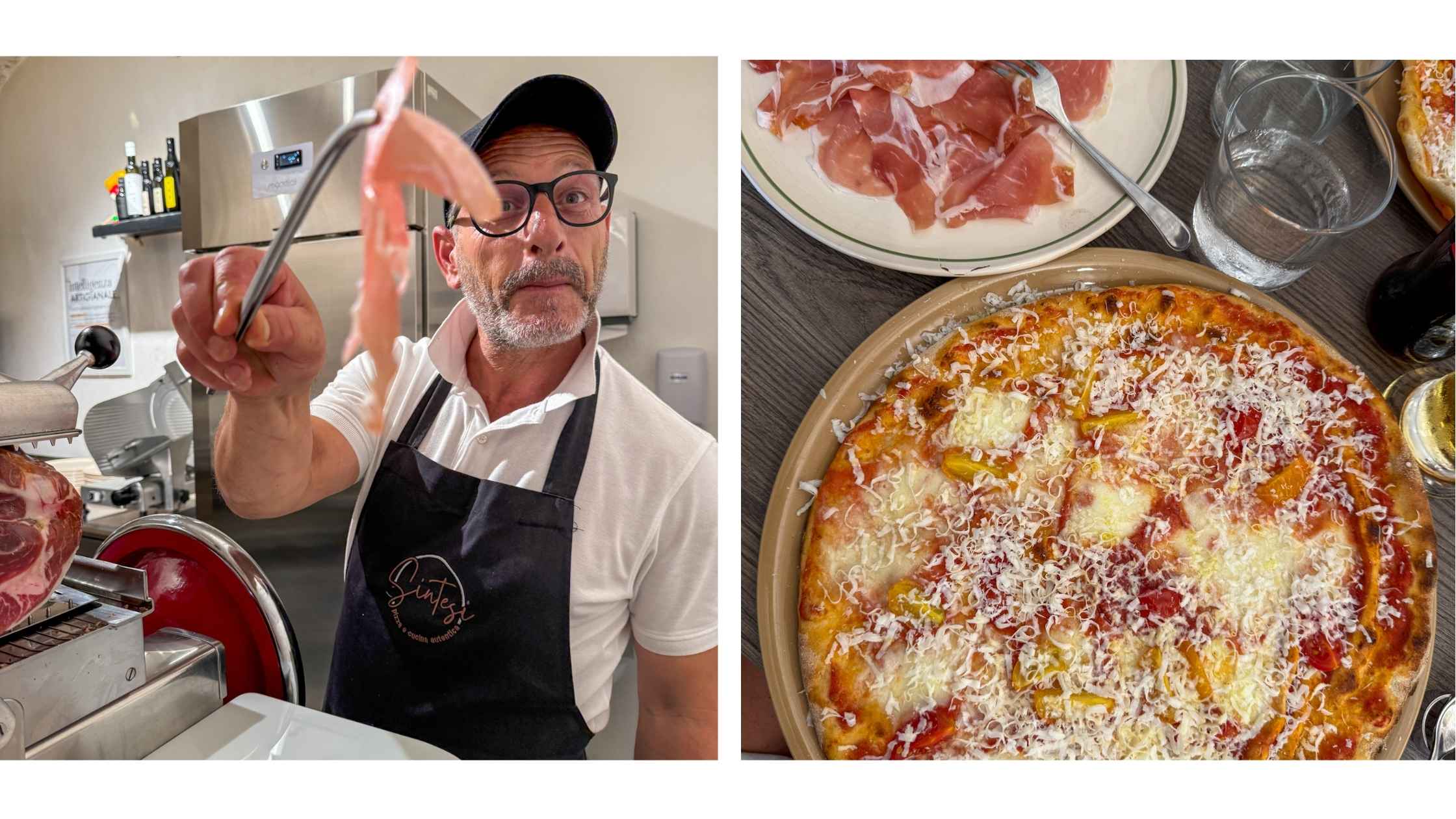 Italiens kokk viser frem herlig skinke og serverer god nylaget pizza.