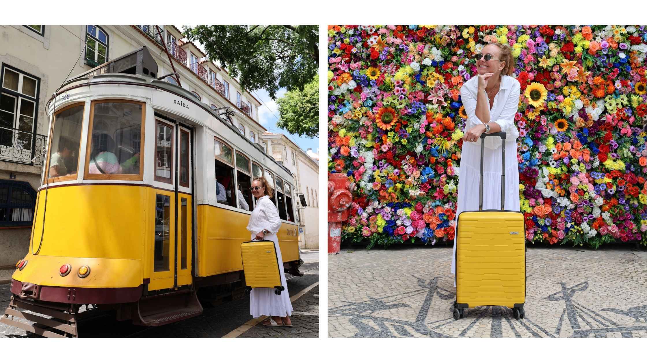 Gul koffert og gul trikk i Lisboa. 