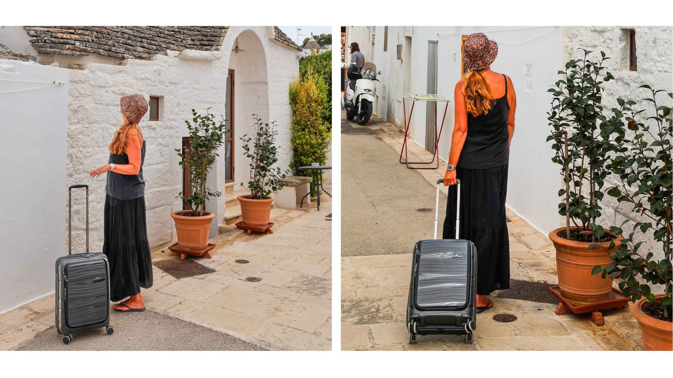 Dame med sort kabinkoffert fra North Pioneer I Alberobello Puglia. 