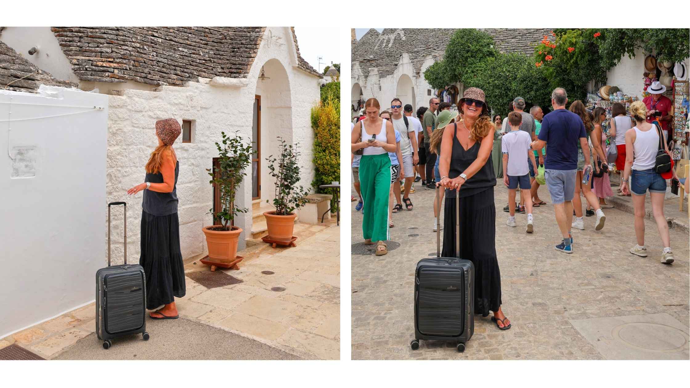 Turist poserer med trullihus i Alberobello med trillekoffert og stort smil.