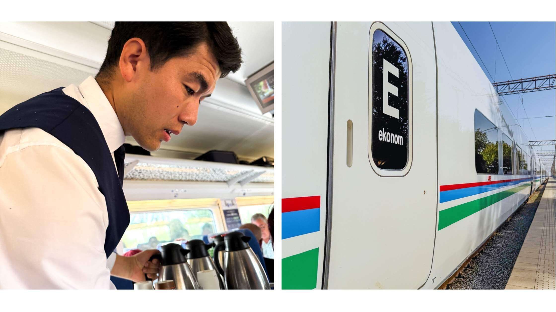 Servering om bord på hurtigtoget Afrosiyob mellom Tasjkent og Samarkand – en komfortabel og effektiv måte å reise langs Silkeveien på.