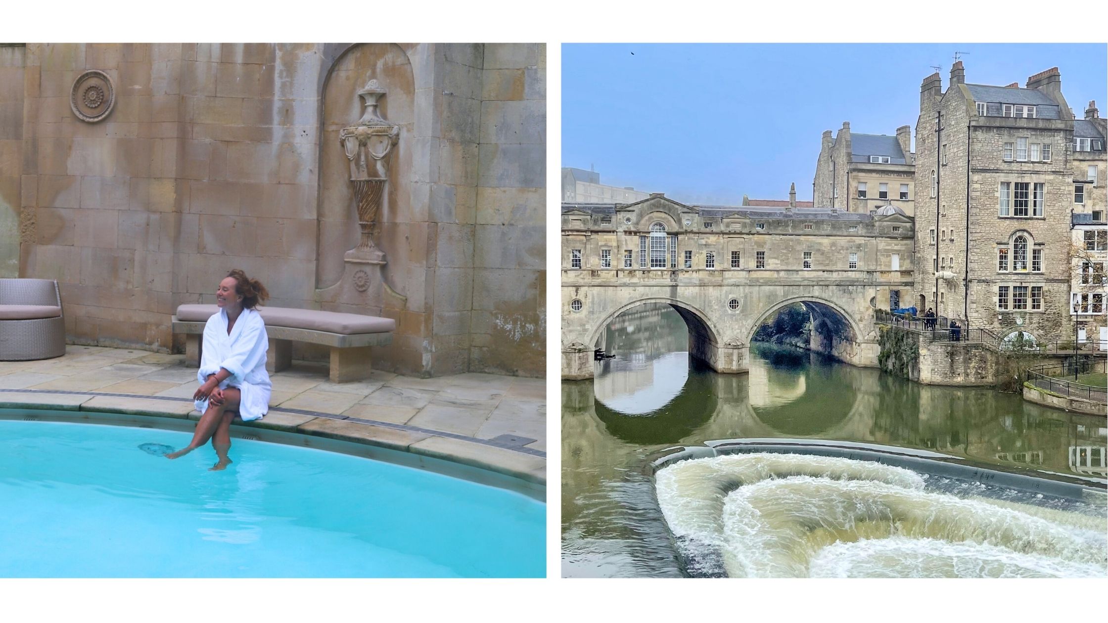 Kvinne i hvit morgenkåpe sitter ved det historiske romerske badet i Bath, England, med føttene i vannet – ved siden av et bilde av den ikoniske broen Pulteney Bridge og elven Avon.