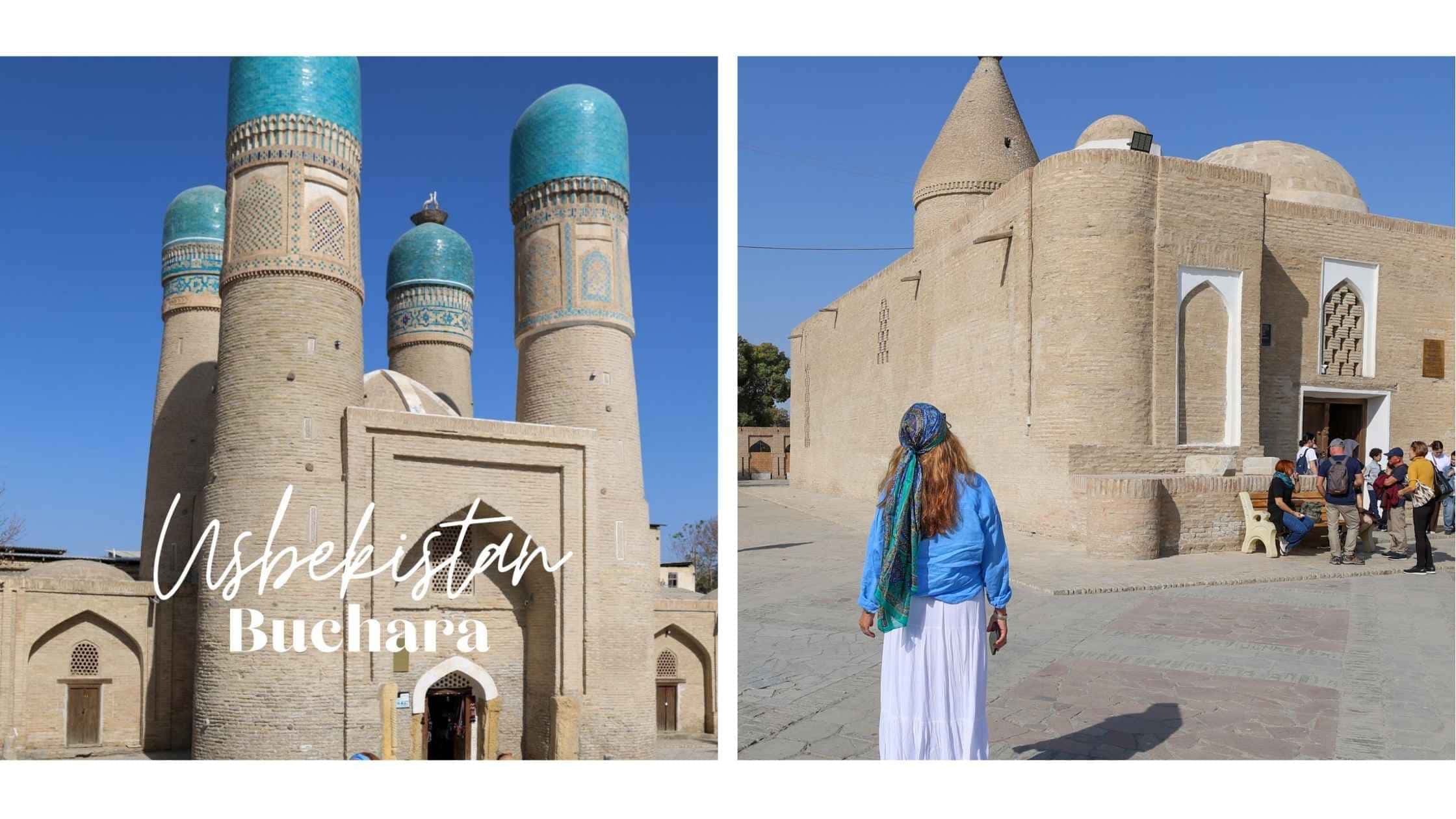 Chor Minor i Bukhara, Usbekistan – et av byens mest kjente landemerker med fire blå kupler. Historisk islamsk arkitektur fra Silkeveiens storhetstid, besøkt av Merete Moen fra World with a Suitcase.