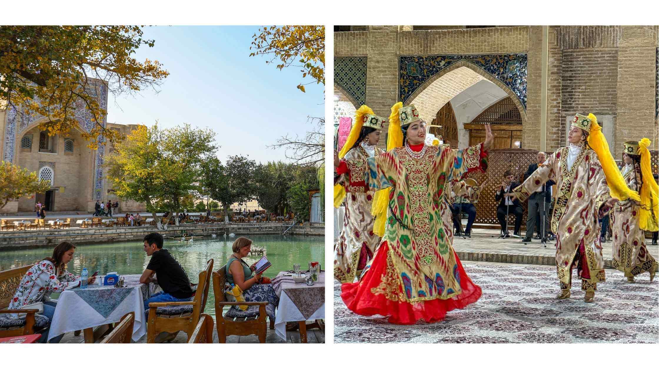 Lyabi-Hauz-plassen i Bukhara, Usbekistan – et av byens mest stemningsfulle steder med kafeer, håndverkere og tradisjonelle dansere i fargerike drakter.