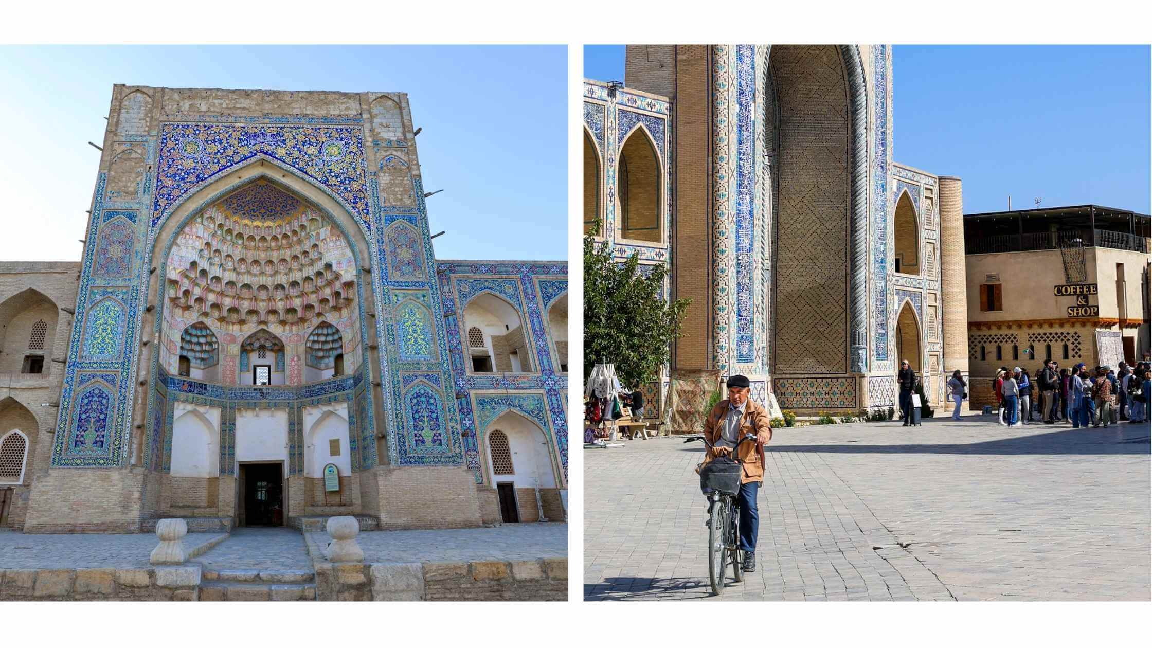 Mir-i-Arab Madrasa i Bukhara, Usbekistan – et praktfullt bygg fra 1500-tallet, kjent for sine blå mosaikker og arkitektoniske detaljer fra timurid-tiden.