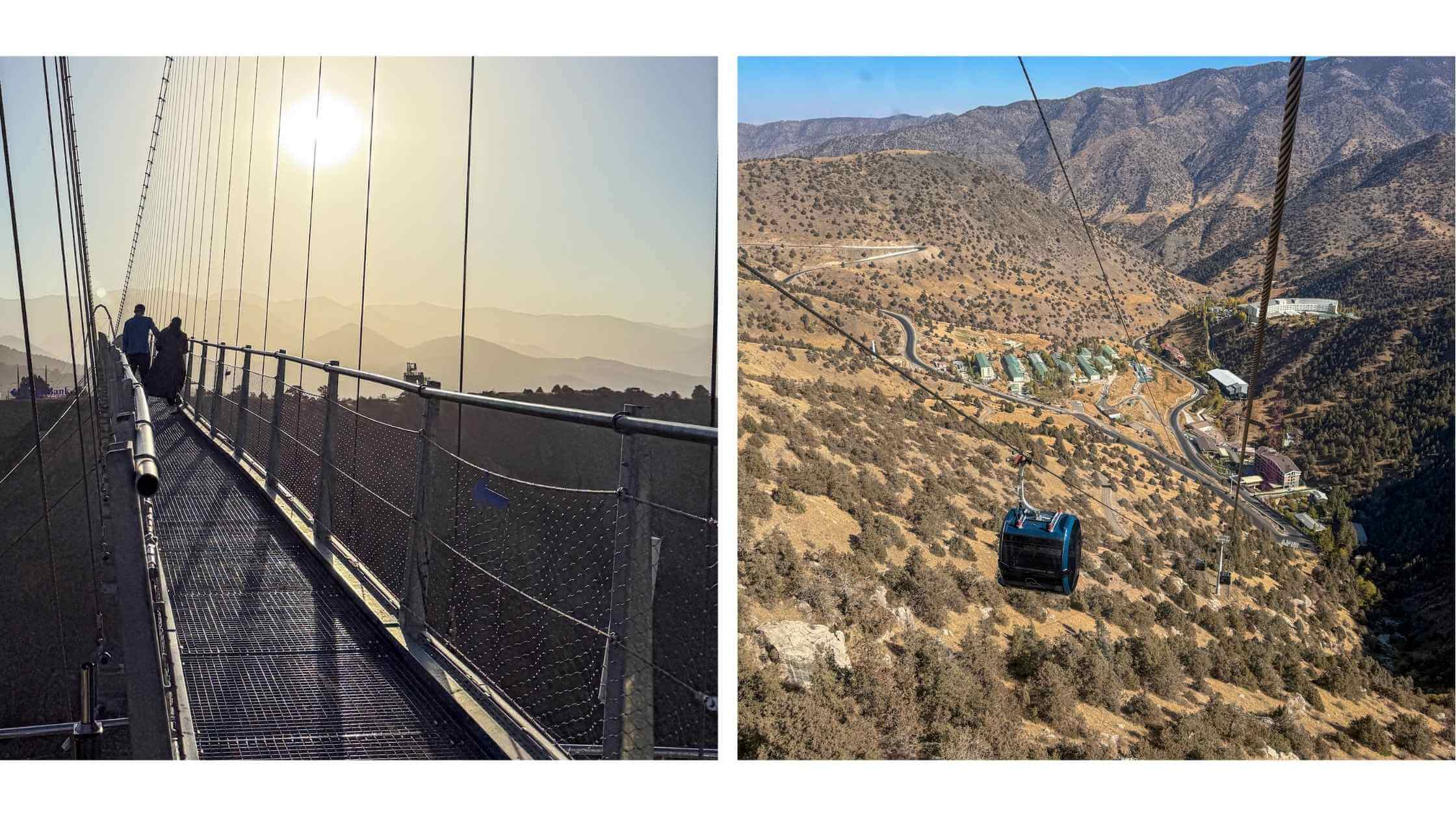 Gondolbane og hengebro i Chimgan-fjellene utenfor Tasjkent, Usbekistan – utsikt over fjellandskap og turstier i et av landets mest populære rekreasjonsområder.