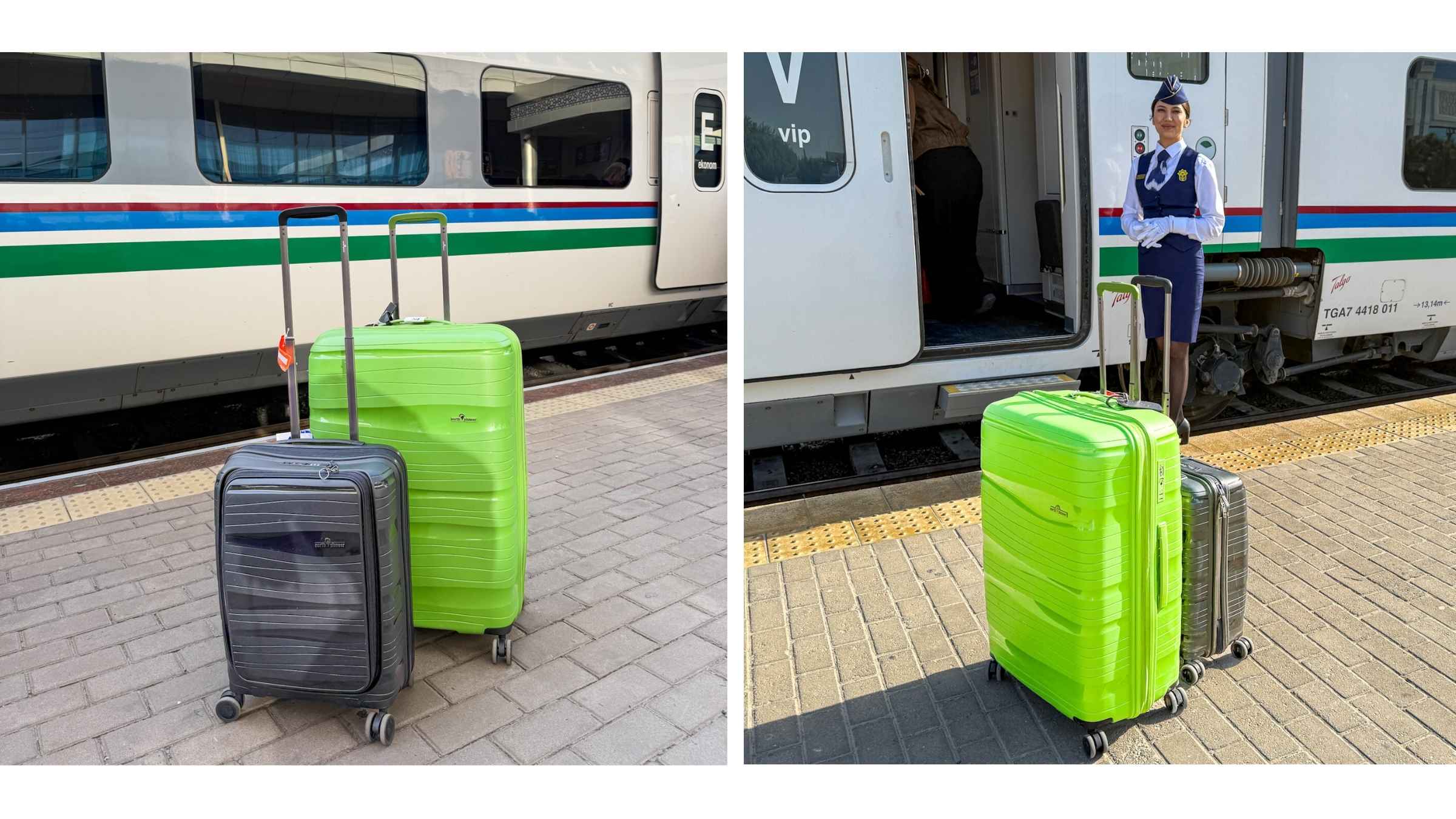 To kofferter fra North Pioneer, i grønn og grå farge, står klare for togreise i Usbekistan. Slitesterke og lette kofferter som passer perfekt for både korte og lange reiser.