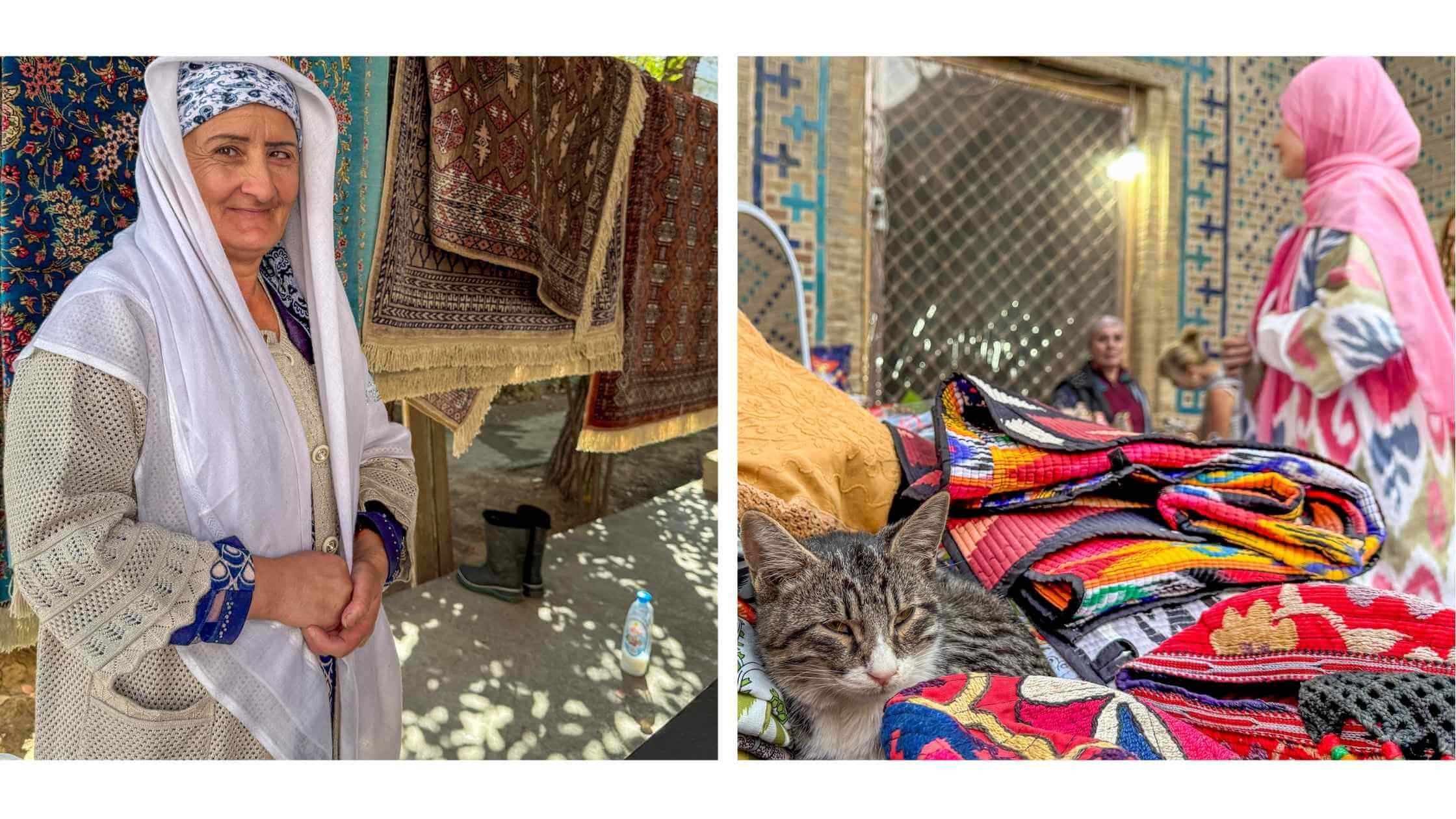 Kvinne på marked i Bukhara omgitt av håndvevde tepper og fargerike tekstiler – et glimt av den levende håndverkstradisjonen langs Silkeveien.