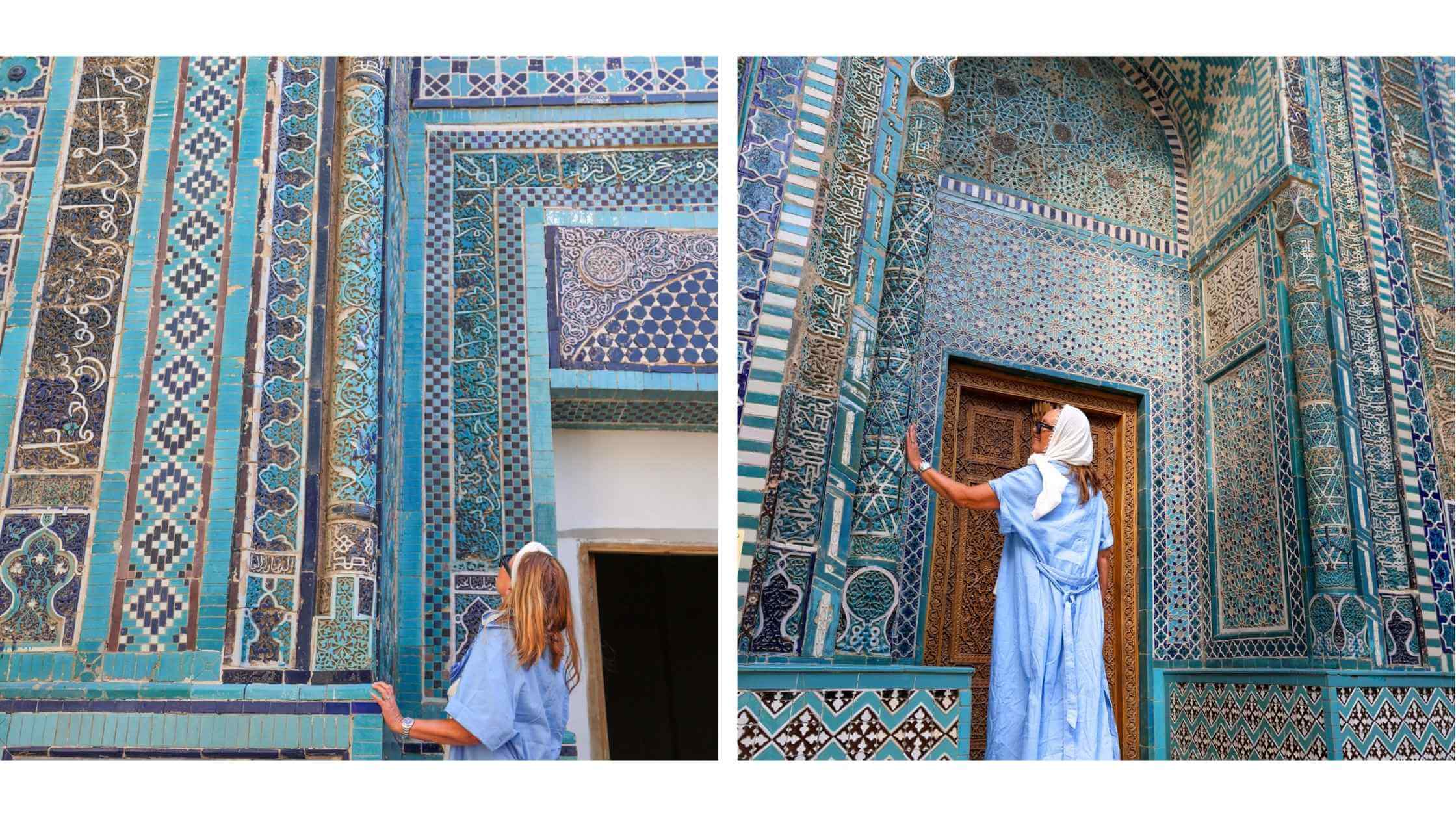 Merete Moen foran de blå mosaikkveggene i Shah-i-Zinda i Samarkand, Usbekistan – et av landets mest imponerende mausoleer med intrikate flisemønstre.