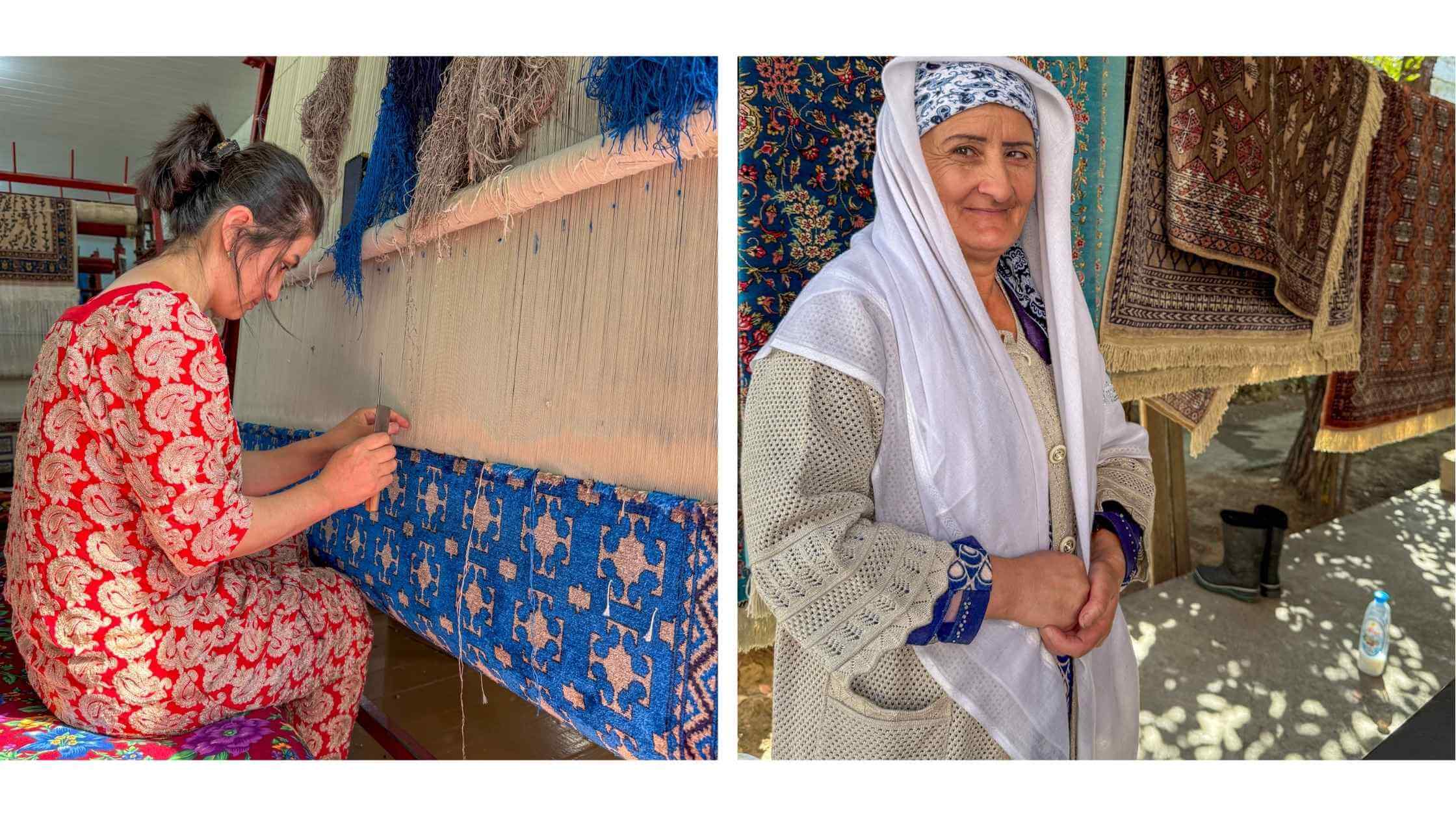Kvinne som vever silketeppet for hånd ved Samarkand Silk Carpet Factory i Usbekistan. Tradisjonelt håndverk med naturlig farget silke og mønstre inspirert av regionens historie.