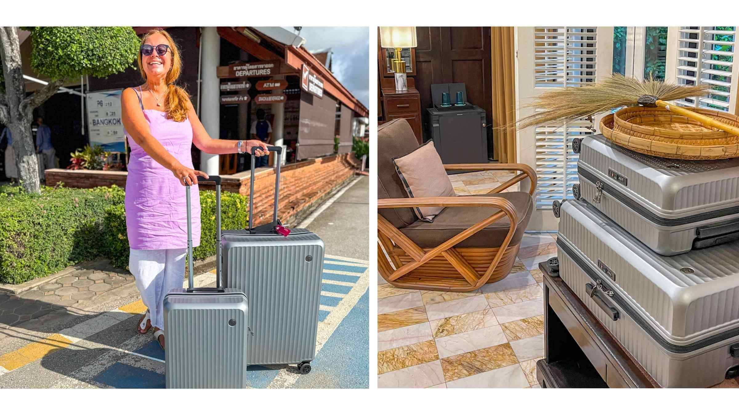 Superb koffertsett fra North Pioneer i sølv, fotografert på hotell i Thailand. Romslige og stilrene kofferter laget for deg som vil reise komfortabelt og organisert.