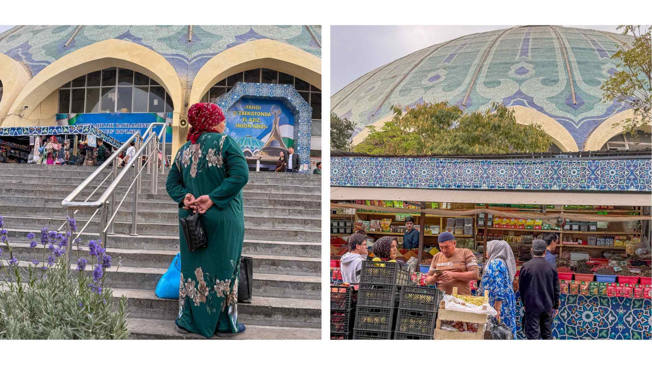 Chorsu-basar i Tasjkent, Usbekistan – tradisjonell markedshall med blå kuppel, mosaikk og lokale handelsfolk som selger frukt, krydder og håndverk.