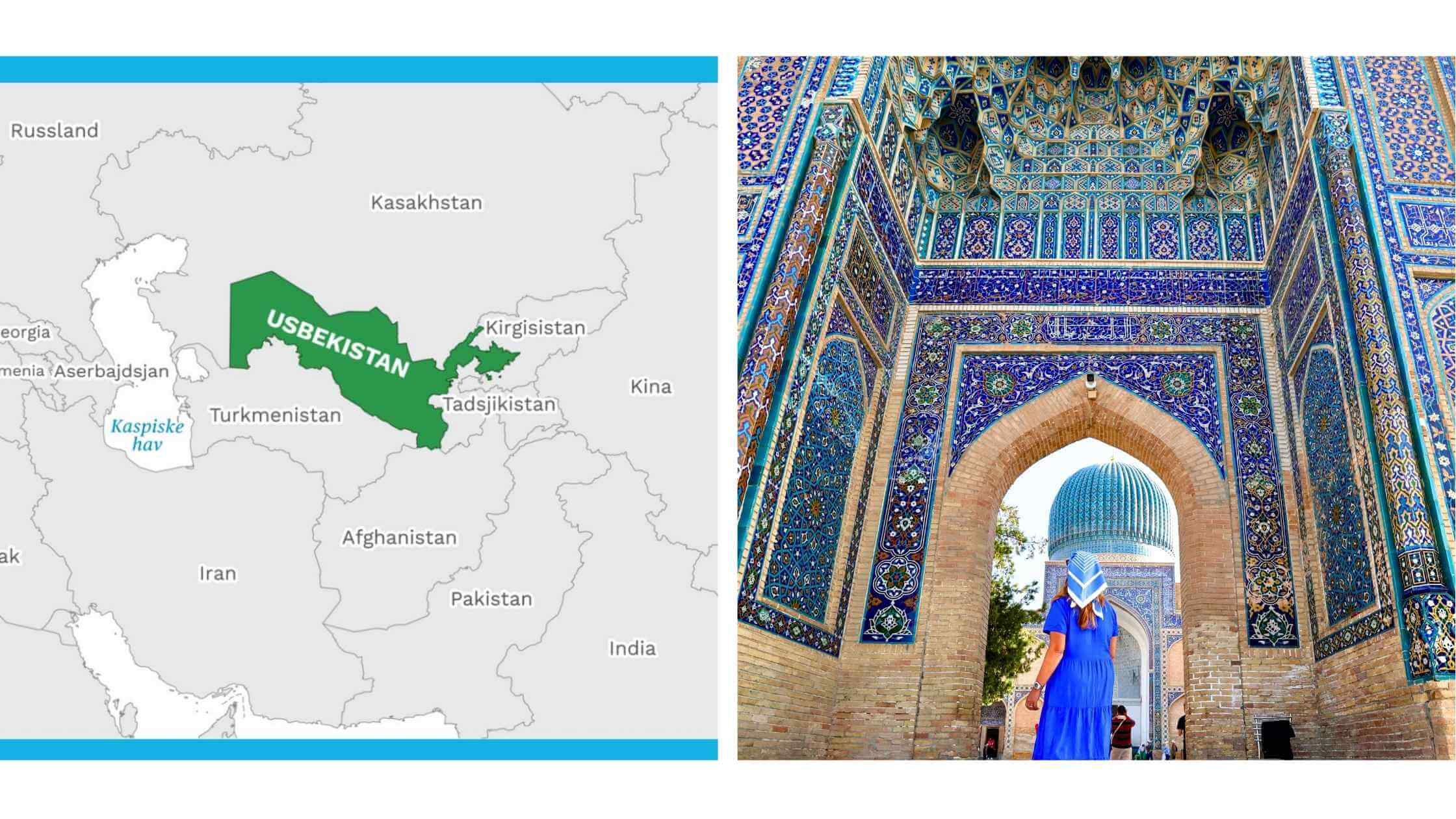 Kart som viser Usbekistan i Sentral-Asia, kombinert med bilde av mausoleet i Samarkand dekket av turkise fliser fra Silkeveiens tid.